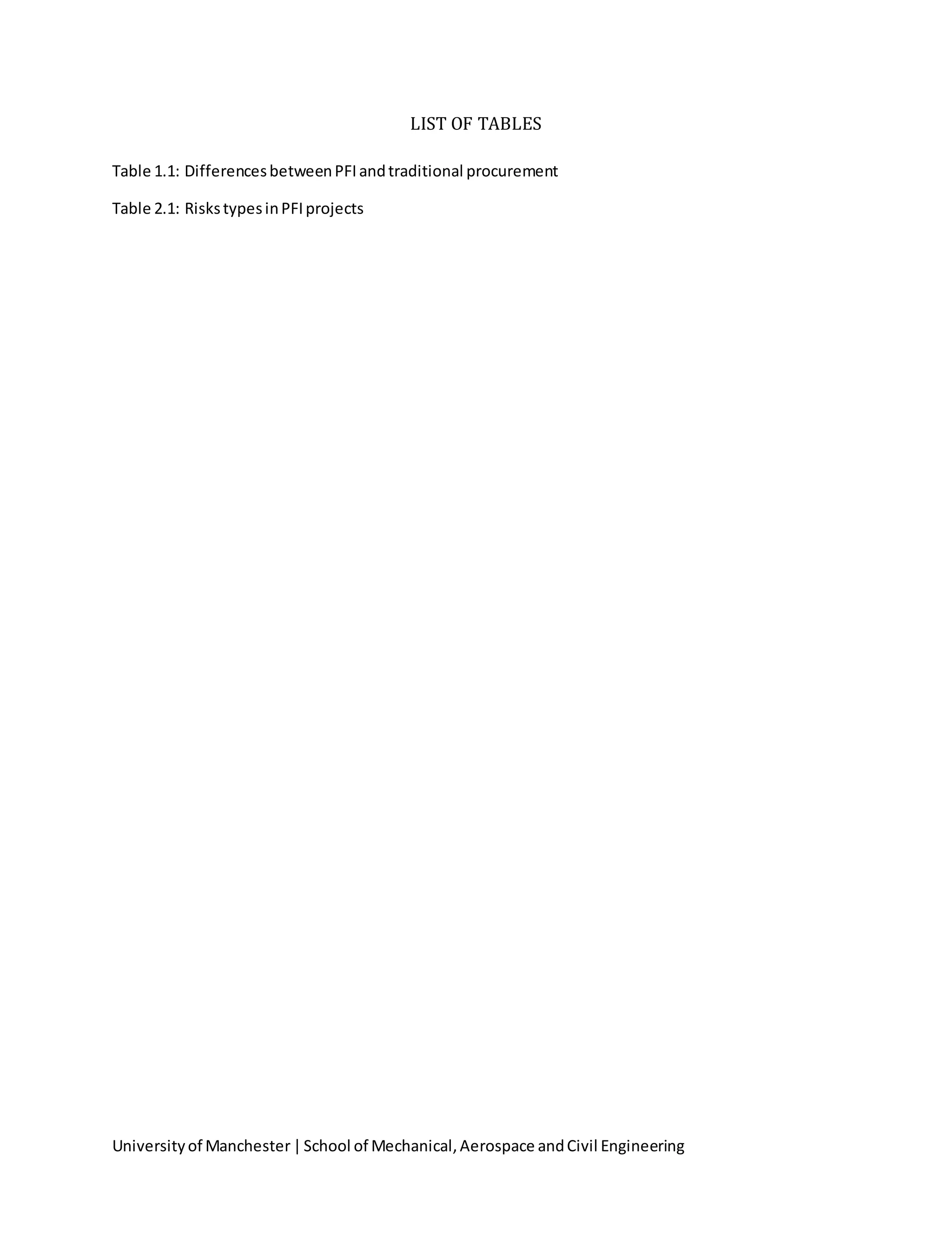 Universityof Manchester|School of Mechanical,Aerospace andCivil Engineering
LIST OF TABLES
Table 1.1: DifferencesbetweenPFIandtraditional procurement
Table 2.1: RiskstypesinPFIprojects
 