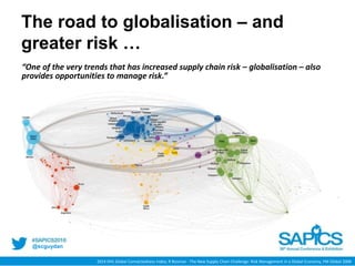 @scguydan
The road to globalisation – and
greater risk …
“One of the very trends that has increased supply chain risk – globalisation – also
provides opportunities to manage risk.”
2014 DHL Global Connectedness Index; R Bosman - The New Supply Chain Challenge: Risk Management in a Global Economy, FM Global 2006
 