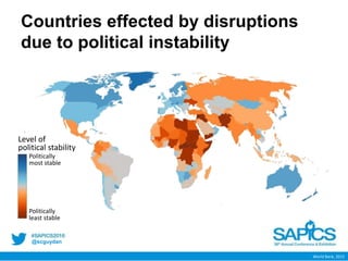@scguydan
Countries effected by disruptions
due to political instability
World Bank, 2015
Level of
political stability
Politically
most stable
Politically
least stable
 