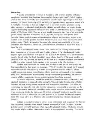 Discussion:
A specific concentration of calcium is required to form an action potential and cease
cytoplasmic streaming. Our data found that somewhere between pCa 6 and 7, % E-C coupling
drops to zero. Given our results, pCa concentrations of of 6.6 aren’t high enough to allow E-C
coupling. E-C50 was found to be 6.553, and 100% E-C coupling occurs somewhere around pCa
6.5 or higher. However, as there are multiple ways to test action potential generation--using
either mechanical or electrical stimulation--the methods we used affected our results. Results
acquired from testing mechanical stimulation have found E-C50 to be around pCa 6, as opposed
to pCa 6.553 (Staves, 1993). There are several possible reasons for this. First of all, we tested a
greater number of buffers to determine our E-C50 value, leading to a more precise result.
Secondly, Staves tested the amount of depolarization, whereas we were simply testing to see
whether or not an action potential was fired. Staves looked at values while we looked at all or
nothing results. Thirdly, it is possible that chara cells respond more sensitively to electrical
stimulation than mechanical stimulation, as the mechanical stimulation is much more likely to
injure the cell.
One of the lanthanide buffers tested, Gd3+, caused 0% E-C coupling even at a much
lower concentration of calcium--pGd was ~9, while pCa was 5. The other lanthanide buffers
required higher concentrations, with pLa at 7 and pCe at ~6. Of the three, Gd+3 was favored the
most by the cell, while Ce+3 only has slightly more affinity than Ca+2. This could possibly be
attributed to ion size, however, the trend is not the same. Ce+3 required the highest concentration
to inhibit an action potential, but is medium in size compared to the other two ions.
Previous work has shown that smaller ions, like Gd+3, enter the cell more slowly but
bind more effectively than larger ions (Lansman, 1990). It’s possible that enough Gd+3 managed
to enter the cell and bind effectively to inhibit action potential initiation, and La+3 entered
quickly enough that, despite poorer binding affinity, some ions still managed to block calcium
entry. Ce+3 may have failed to enter quickly enough to overcome poor binding, and therefore
required a higher concentration to stop an action potential from being generated.
For a future experiment, it would be beneficial to compare the effect of mechanical and
electrical stimulation on chara cells at the same pCa. We could make the same range of buffers
as before, this time testing another set of cells with a mechanical stimulation. Even when we
were testing our internodal cells with electrical stimulation, we were able to somewhat see the
effects of mechanical stimulation. Streaming would cease if a cell was moved around too much
when positioning it under the microscope. By testing mechanical stimulation under the same
conditions as electrical stimulation, we could generate an E-C50 value for both and compare
them. This would allow us to determine what caused the discrepancy between our data and
Staves’s.
Calcium is essential for chara to survive in any environment, as it is necessary for them to
stop cytoplasmic streaming when injured. Without an external pCa of 6.5 or higher, an action
potential cannot be reliably generated when exposed to electrical stimulus. Mechanical stimulus
may require a higher calcium concentration in order to stop cytoplasmic streaming. To be on the
 