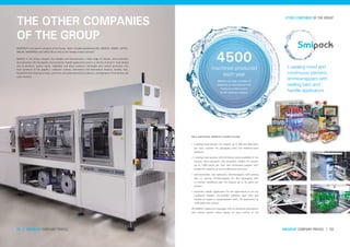 smigroup company profile I 2322 I smigroup company profile
Smipack
THE OTHER COMPANIES
OF THE GROUP
SMIGROUP is the parent company of the Group, which includes subsidiaries SMI, SMIPACK, SMIMEC, SMITEC,
SMILAB, SMIENERGIA and SARCO RE as well as the foreign branch network.
SMIPACK is the Group company that designs and manufactures a wide range of manual, semi-automatic
and automatic shrinkwrappers and automatic handle applicators used in a variety of sectors: food (bread
and by-products, pastry, pizza, vegetable and dairy products, beverages and canned products), non
food (products of the graphics, computer science, electronics and mechanical industry, laundry, toys,
household and cleaning articles, perfumes and pharmaceutical products), packaging for third parties and
mass retailers.
More specifically, SMIPACK’s models include:
• L-sealing hood packers for outputs up to 300 and 900 packs
per hour, suitable for packaging small and medium-sized
products;
• L-sealing hood packers with shrinking tunnel available in the
manual, semi-automatic and automatic models for outputs
up to 3,000 packs per hour and continuous packers with
production capacity of up to 6,000 packs per hour;
• semi-automatic and automatic shrinkwrappers with sealing
bars or overlap shrinkwrappers for film packaging with
or without cardboard pad, for outputs up to 30 packs per
minute;
• automatic handle applicators for the application of pre-cut
cardboard handles, pre-handled adhesive tape reels and
handles on paper or polypropylene reels, for operations up
to 80 packs per minute.
All SMIPACK models are equipped with an advanced automation
and control system, which allows for easy control of the
L-sealing hood and
continuous packers,
shrinkwrappers with
sealing bars and
handle applicators
SMIPACK can boast a position of
leadership at international level
thanks to its fleet of over
46,700 machines installed.
machines produced
each year
OTHER COMPANIES OF THE GROUP
4500
 