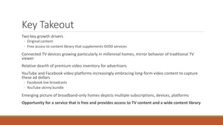 Key Takeout
Two key growth drivers
◦ Original content
◦ Free access to content library that supplements SVOD services
Connected TV devices growing particularly in millennial homes, mirror behavior of traditional TV
viewer
Relative dearth of premium video inventory for advertisers
YouTube and Facebook video platforms increasingly embracing long-form video content to capture
these ad dollars
◦ Facebook live broadcasts
◦ YouTube skinny bundle
Emerging picture of broadband-only homes depicts multiple subscriptions, devices, platforms
Opportunity for a service that is free and provides access to TV content and a wide content library
 