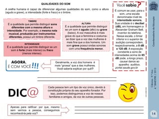 A orelha humana é capaz de diferenciar algumas qualidades do som, como a altura
(agudo e grave), a intensidade (forte e fraco) e o timbre.
TIMBRE

É a qualidade que permite distinguir sons
diferentes com a mesma altura e
intensidade. Por exemplo, a mesma nota
musical, produzida por instrumentos
diferentes, possui um timbre diferente.
INTENSIDADE

É a qualidade que permite distinguir se um
som é forte (mais intenso) ou fraco
(menos intenso).

AGORA,
É COM VOCÊ

!!!

ALTURA

É a qualidade que permite distinguir
se um som é agudo (alto) ou grave
(baixo). A voz masculina é mais
grave do que a feminina e costumase dizer que a voz das mulheres é
mais fina que a dos homens. Um
som grave possui ondas sonoras
com uma frequência menor.

Geralmente, a voz dos homens é
mais “grossa” que a das mulheres.
Você saberia explicar por quê?

É comum se usar, para o
som, uma escala
denominada nível de
intensidade sonora.
Sua unidade é o decibel
(dB), em homenagem a
Alexander Graham Bell,
inventor do telefone.
Nessa escala, o limiar
inferior e o superior de
audição correspondem,
respectivamente, a 0 dB
e 120 dB. A exposição
constante a sons de
intensidades acima de 85
dB pode, a longo prazo,
causar danos ao
aparelho auditivo.
portal.saude.gov.br

______________________________________________________
______________________________________________________

Apenas para ratificar: por que, mesmo
sem vermos a pessoa, conseguimos
reconhecê-la pela voz?

_______________________________________________
_______________________________________________
_______________________________________________

www.drjerm.com

Cada pessoa tem um tipo de voz único, devido à
constituição própria do seu aparelho fonador. Por
isso, podemos distinguimos a voz de nossos
familiares e amigos, da voz de outras pessoas.

Ciências - 9.º Ano
4.° BIMESTRE / 2013

QUALIDADES DO SOM

14

 