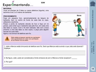 SOM

PROCEDIMENTO
Faça um pequeno furo, aproximadamente da largura do
barbante, bem no centro do fundo de cada lata ou copo,
utilizando a tachinha.
Passe a ponta do barbante através do furo e faça um nó
grosso, para evitar que o barbante saia pelo furo, em cada uma
das latas ou copos. Com o fio bem esticado, fale com a boca
próxima a uma das latas ou dos copos, e peça para alguém
escutar do outro lado.
Agora, é só brincar de telefone sem fio.

sobiologia.com.br

MATERIAL
Você vai precisar de 2 latas ou copos plásticos (iogurte), uma
tachinha e de 2 a 5 metros de barbante.

1. João e Marcos estão brincando de telefone sem fio. Será que Marcos está ouvindo o que João está dizendo?
Explique.
____________________________________________________________________________________________
____________________________________________________________________________________________
____________________________________________________________________________________________

Ciências - 9.º Ano
4.° BIMESTRE / 2013

Muito cuidado ao manusear materiais nos experimentos.
Toda experimentação deve contar com a participação
do seu Professor ou de um adulto.

2. Na figura, João pode ser considerado a fonte emissora de som e Marcos a fonte receptora? ______
3. Por quê?
____________________________________________________________________________________________
____________________________________________________________________________________________

18

 