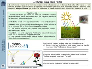 A NATUREZA DA LUZ E SUAS FONTES
O ser humano sempre teve interesse em conhecer a natureza da luz, ou do que ela é feita. A luz visível é um
conjunto de ondas cuja frequência é capaz de provocar sensação visual num observador normal. Transporta uma
energia, a energia radiante, que é capaz de sensibilizar as células de nossa retina e provocar a sensação de visão.
FONTES DE LUZ

A maioria dos objetos que vemos não emite luz. Entretanto, podemos
ver esses objetos porque eles refletem a luz que chega até eles vinda
de algum outro objeto que emite luz.
Fonte de luz– é todo corpo capaz de emitir luz e pode ser de dois tipos:

Ex.: Sol, estrelas, lâmpada, vela, fogueira, palito de fósforo, lanterna,
farol, vaga-lume e outros.

Ciências - 9.º Ano
4.° BIMESTRE / 2013

Secundária– não emite luz própria. Reflete a luz proveniente de outra
fonte. São os denominados corpos iluminados.
Ex.: Lua, planetas, árvore, nuvens, parede, espelho, objetos metálicos,
vidro, plástico, madeira e outros.

AGORA,
É COM VOCÊ

!!!

sellerink.com.br

Primária– emite luz própria. Não necessita de outros corpos para que a
luz se propague. São os denominados corpos luminosos.

Observamos parte da luz do sol refletida na grama.

Imagine uma rosa em um local onde não exista iluminação.
a) Como a rosa não emite luz, o lugar estará escuro e ela não
poderá ser vista. Você saberia dizer por quê?
_____________________________________________________
_____________________________________________________
b) Vamos, agora, colocar uma lâmpada acesa nesse ambiente.
Você vai conseguir ver a rosa? Por quê?
_______________________________________________________
_______________________________________________________
c) A rosa é uma fonte de luz primária ou secundária?
____________________________________________________

19
http://www.ensinodefisica.net/2_Atividades/flu-luz_e_visao.pdf

 