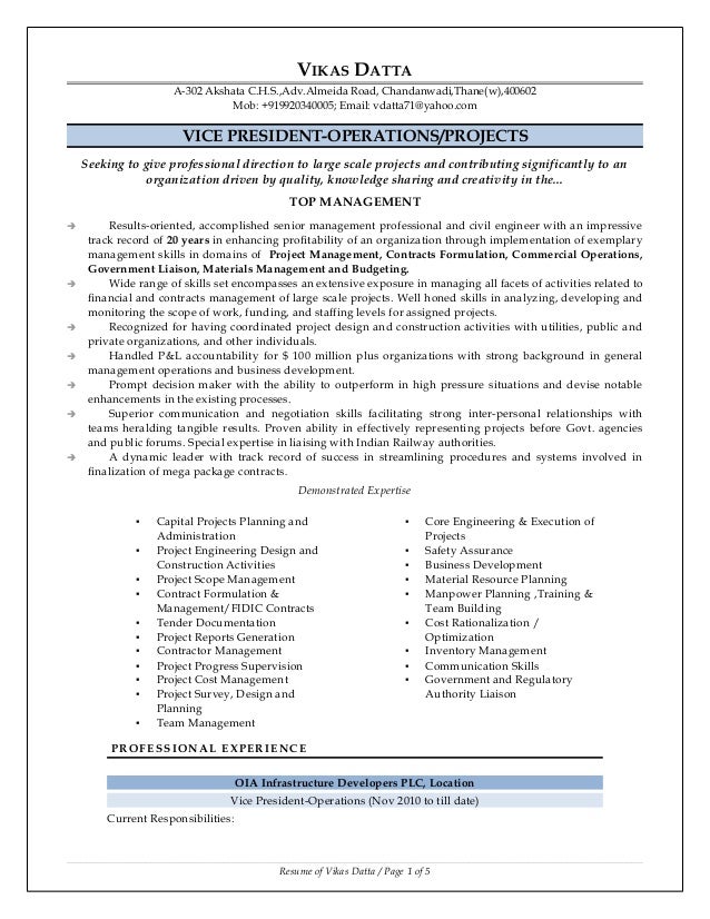 resume vikas datta v2 construction vice president resume