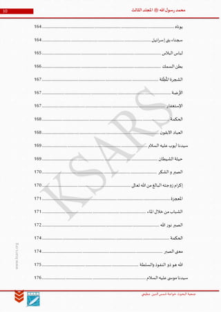 ‫الدین‬‫شمس‬ ‫خواجة‬ ‫البحوث‬ ‫جمعیة‬‫عظيمي‬
10 ‫هللا‬‫ل‬‫سو‬‫ر‬‫محمد‬‫ﷺ‬‫الثالث‬‫املجلد‬
www.ksars.org
‫يوناه‬...............................................................................................................................................................164
‫ائيل‬‫ر‬‫إس‬‫بنى‬ ‫سجناء‬...................................................................................................................................164
‫البالس‬‫لباس‬...............................................................................................................................................165
‫السمك‬‫بطن‬...............................................................................................................................................166
‫لة‬
ِّ
‫ظ‬
ُ
‫امل‬‫الشجرة‬............................................................................................................................................167
‫ضة‬‫ر‬‫األ‬...........................................................................................................................................................167
‫اإلستغفار‬....................................................................................................................................................167
‫الحكمة‬.........................................................................................................................................................168
‫ن‬‫اآلبقو‬ ‫العباد‬.............................................................................................................................................168
‫أيوب‬‫سيدنا‬‫السالم‬‫عليه‬...............................................................................................................................169
‫الشيطان‬‫حيلة‬...........................................................................................................................................169
‫الشكر‬‫و‬ ‫الصبر‬..........................................................................................................................................170
‫جته‬‫و‬‫ز‬‫ام‬‫ر‬‫إك‬‫تعالى‬ ‫هللا‬‫من‬‫البالغ‬...........................................................................................................170
‫املعجزة‬..........................................................................................................................................................171
‫املاء‬‫خالل‬ ‫من‬‫الشباب‬.............................................................................................................................171
‫الصبر‬‫هللا‬ ‫ر‬‫نو‬.............................................................................................................................................172
‫الحكمة‬.........................................................................................................................................................174
‫الصبر‬‫معنى‬.................................................................................................................................................174
‫ذو‬‫هو‬ ‫هللا‬‫السلطة‬‫و‬ ‫النفوذ‬....................................................................................................................175
‫السالم‬‫عليه‬‫ى‬ ‫موس‬‫سيدنا‬.............................................................................................................................176
 
