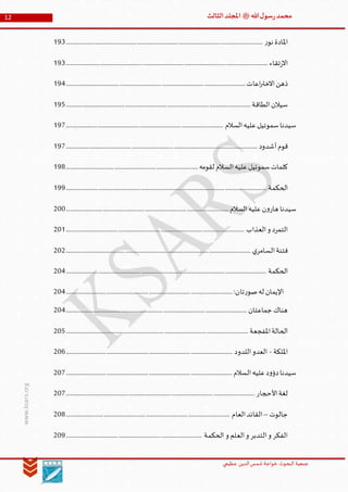 ‫الدین‬‫شمس‬ ‫خواجة‬ ‫البحوث‬ ‫جمعیة‬‫عظيمي‬
12 ‫هللا‬‫ل‬‫سو‬‫ر‬‫محمد‬‫ﷺ‬‫الثالث‬‫املجلد‬
www.ksars.org
‫ر‬‫نو‬ ‫املادة‬......................................................................................................................................................193
‫تقاء‬‫ر‬‫اال‬..........................................................................................................................................................193
‫اعات‬‫ر‬‫االخت‬‫ذهن‬.........................................................................................................................................194
‫الطاقة‬‫سيالن‬.............................................................................................................................................195
‫السالم‬‫عليه‬‫سموئيل‬‫سيدنا‬........................................................................................................................197
‫أشدود‬‫قوم‬..................................................................................................................................................197
‫لقومه‬ ‫السالم‬‫عليه‬‫سموئيل‬‫كلمات‬.....................................................................................................198
‫الحكمة‬.........................................................................................................................................................199
‫عليه‬‫ن‬‫و‬‫هار‬ ‫سيدنا‬‫السالم‬............................................................................................................................200
‫العذاب‬‫و‬ ‫التمرد‬........................................................................................................................................201
‫ي‬‫السامر‬‫فتنة‬.............................................................................................................................................202
‫الحكمة‬.........................................................................................................................................................204
:‫تان‬‫ر‬‫صو‬‫له‬ ‫اإليمان‬...............................................................................................................................204
‫جماعتان‬‫هناك‬..........................................................................................................................................204
‫املفجعة‬‫الحالة‬...........................................................................................................................................205
‫امللكة‬-‫اللدود‬‫العدو‬...............................................................................................................................206
‫السالم‬‫عليه‬‫د‬‫و‬‫دؤ‬‫سيدنا‬...............................................................................................................................207
‫لغة‬‫األحجار‬................................................................................................................................................207
‫جالوت‬–‫العام‬‫القائد‬.............................................................................................................................208
‫الحكمة‬ ‫و‬ ‫العلم‬‫و‬ ‫التدبر‬‫و‬ ‫الفكر‬........................................................................................................209
 