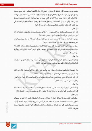 ‫الدین‬‫شمس‬ ‫خواجة‬ ‫البحوث‬ ‫جمعیة‬‫عظيمي‬
182 ‫هللا‬‫ل‬‫سو‬‫ر‬‫محمد‬‫ﷺ‬‫الثالث‬‫املجلد‬
www.ksars.org
‫بينهما‬ ‫طريق‬‫ظهر‬‫و‬ ‫العظيم‬ ‫كالطود‬ ‫ق‬‫فر‬ ‫كل‬ ‫أصبح‬ ‫و‬ ‫جزئين‬ ‫إلى‬ ‫فانفلق‬ ‫املاء‬ ‫بعصاه‬ ‫ى‬ ‫موس‬ ‫فضرب‬
‫املاء‬‫من‬‫الجزئان‬‫بتط‬‫ر‬‫ا‬‫البحر‬‫وسط‬ ‫بلغ‬ ‫ملا‬‫و‬ ‫جنوده‬ ‫و‬ ‫ن‬‫فرعو‬ ‫تبعه‬ ‫و‬ ‫البحر‬ ‫قومه‬ ‫و‬ ‫ى‬ ‫موس‬ ‫ز‬‫جاو‬ ‫و‬
‫أدر‬ ‫ملا‬ ‫و‬‫الغر‬ ‫كه‬‫إسر‬ ‫بنو‬ ‫به‬ ‫آمنت‬ ‫الذي‬ ‫إال‬ ‫إله‬ ‫ال‬ ‫أنه‬ ‫آمنت‬ ‫قال‬ ‫ق‬‫املسل‬ ‫من‬ ‫أنا‬‫و‬ ‫ائيل‬‫ة‬‫ر‬‫(سو‬ ‫مين‬
:‫يونس‬90‫لكي‬ ‫القادمة‬‫لألجيال‬ ‫آية‬‫بدنه‬ ‫جعل‬ ‫و‬ ‫ق‬‫الغر‬‫حالة‬ ‫في‬‫إيمانه‬‫و‬ ‫دعائه‬ ‫هللا‬ ‫يقبل‬ ‫لم‬ ‫ولكن‬ )
.‫الربانية‬‫الوحدة‬‫ا‬‫و‬‫منكر‬‫و‬ ‫املتكبرين‬‫املكذبين‬ ‫عاقبة‬‫كان‬ ‫كيف‬ ‫ى‬‫تر‬
:‫تعالى‬ ‫قال‬
﴿ ‫املفسدين‬ ‫من‬ ‫وكنت‬ ‫قبل‬ ‫عصيت‬ ‫وقد‬ ‫آآلن‬٢٦‫إن‬‫و‬ ‫آية‬‫خلفك‬ ‫ملن‬ ‫ن‬‫لتكو‬ ‫ببدنك‬ ‫ننجيك‬ ‫فاليوم‬﴾
‫كثير‬:‫يونس‬ ‫ة‬‫ر‬‫(سو‬‫ن‬‫لغافلو‬ ‫آياتنا‬‫عن‬‫الناس‬ ‫من‬‫ا‬95-93)
‫البحر‬ ‫نفس‬ ‫من‬ ‫خرجت‬ ‫جثة‬ ‫أن‬ ‫كما‬ ‫ائرين‬‫ز‬‫لل‬ ‫عبرة‬ ‫و‬ ‫مصر‬ ‫متحف‬ ‫في‬ ‫موجودة‬ ‫اعنة‬‫ر‬‫الف‬ ‫(مومياء‬
)‫ى‬ ‫موس‬ ‫ن‬‫لفرعو‬ ‫حثة‬ ‫إنها‬‫يقال‬ ‫اآلن‬ ‫حتى‬ ‫صحيحة‬‫تبقى‬
‫ا‬‫و‬ ‫إلى‬ ‫قومه‬ ‫مع‬ ‫ى‬ ‫موس‬ ‫وصل‬‫الشامخة‬ ‫املعابد‬ ‫ائيل‬‫ر‬‫إس‬‫و‬‫بن‬ ‫أى‬‫ر‬ ‫ملا‬‫و‬ ‫األصنام‬ ‫أهلها‬ ‫يعبد‬ ‫كان‬ ‫سينا‬ ‫دي‬
‫آلهة‬‫لهم‬ ‫كما‬‫إلها‬‫لنا‬ ‫"إجعل‬ ‫ى‬ ‫ملوس‬ ‫ا‬‫و‬‫قال‬ ‫و‬ ‫قلوبهم‬ ‫في‬ ‫مخفية‬ ‫كانت‬ ‫التي‬ ‫األصنام‬ ‫عبادة‬ ‫غبة‬‫ر‬ ‫نشأت‬
"‫يعبدونها‬ ‫كما‬‫نعبده‬ ‫لكي‬
:‫تعالى‬ ‫قال‬
‫إسر‬ ‫ببني‬ ‫نا‬‫ز‬‫"وجاو‬‫البحر‬ ‫ائيل‬‫ل‬ ‫أصنام‬ ‫على‬ ‫ن‬‫يعكفو‬ ‫قوم‬ ‫على‬ ‫ا‬‫و‬‫فأت‬‫لنا‬ ‫اجعل‬ ‫ى‬ ‫موس‬ ‫يا‬ ‫ا‬‫و‬‫قال‬ ‫هم‬
:‫اف‬‫ر‬‫األع‬‫ة‬‫ر‬‫(سو‬ ‫ن‬‫تجهلو‬ ‫قوم‬‫إنكم‬ ‫قال‬ ‫آلهة‬‫لهم‬ ‫كما‬‫إلها‬566)
‫متبر‬ ‫هؤالء‬ ‫إن‬ ‫ن‬‫تجهلو‬ ‫قوم‬ ‫إنكم‬ )‫ى‬ ‫(موس‬ ‫قال‬‫أغير‬ ‫قال‬ ‫ن‬‫يعملو‬ ‫ا‬‫و‬‫كان‬ ‫ما‬ ‫وباطل‬ ‫فيه‬ ‫هم‬ ‫ما‬‫ـه‬‫ل‬‫ال‬
: ‫اف‬‫ر‬‫األع‬‫ة‬‫ر‬‫سو‬ .‫العاملين‬‫على‬‫فضلكم‬‫وهو‬ ‫إلها‬ ‫أبغيكم‬566–560)
‫شديدا‬ ‫الحر‬ ‫كان‬‫الوحي‬‫ل‬‫فنز‬‫للماء‬ ‫هللا‬‫ى‬ ‫موس‬ ‫فدعا‬ ‫ا‬‫ر‬‫ح‬ ‫و‬ ‫عطشا‬ ‫ائيل‬‫ر‬‫إس‬ ‫بنو‬ ‫فجزع‬ ‫سينا‬ ‫ادي‬‫و‬ ‫في‬
."‫الحجر‬‫بعاك‬ ‫"اضرب‬‫تعالى‬ ‫له‬ ‫قال‬‫و‬
:‫تعالى‬ ‫قال‬
‫اضر‬ ‫فقلنا‬ ‫لقومه‬ ‫ى‬ ‫موس‬ ‫استسقى‬ ‫إذ‬‫و‬‫الحجر‬ ‫بعصاك‬ ‫ب‬‫فانفجر‬‫عشر‬ ‫اثنتا‬ ‫منه‬ ‫ت‬‫علم‬ ‫قد‬ ‫عينا‬ ‫ة‬
‫مشر‬ ‫أناس‬‫كل‬‫اشر‬‫و‬ ‫ا‬‫و‬‫كل‬ ‫بهم‬‫ر‬ ‫من‬ ‫ا‬‫و‬‫ب‬‫ا‬‫و‬‫تعث‬ ‫وال‬ ‫ـه‬‫ل‬‫ال‬‫ق‬‫ز‬‫األر‬ ‫في‬:‫البقرة‬‫ة‬‫ر‬‫(سو‬‫مفسدين‬ ‫ض‬40)
:‫تعالى‬ ‫وقال‬
‫عشر‬ ‫اثنتي‬ ‫وقطعناهم‬‫اضر‬ ‫أن‬ ‫قومه‬ ‫استسقاه‬ ‫إذ‬ ‫ى‬ ‫موس‬ ‫إلى‬ ‫أوحينا‬‫و‬ ‫أمما‬ ‫أسباطا‬ ‫ة‬‫بعصاك‬ ‫ب‬
‫الحجر‬‫عشر‬ ‫اثنتا‬ ‫منه‬ ‫فانبجست‬‫مشر‬ ‫أناس‬ ‫كل‬ ‫علم‬ ‫قد‬ ‫عينا‬ ‫ة‬‫لنا‬‫ز‬‫أن‬‫و‬ ‫الغمام‬ ‫عليهم‬ ‫وظللنا‬ ‫بهم‬
‫ر‬ ‫ما‬ ‫طيبات‬ ‫من‬ ‫ا‬‫و‬‫كل‬ ‫ى‬‫السلو‬‫و‬ ‫املن‬ ‫عليهم‬‫ق‬‫ز‬‫ة‬‫ر‬‫(سو‬ ‫ن‬‫يظلمو‬ ‫أنفسهم‬ ‫ا‬‫و‬‫كان‬ ‫ولكن‬ ‫ظلمونا‬ ‫وما‬ ‫ناكم‬
:‫اف‬‫ر‬‫األع‬540)
 