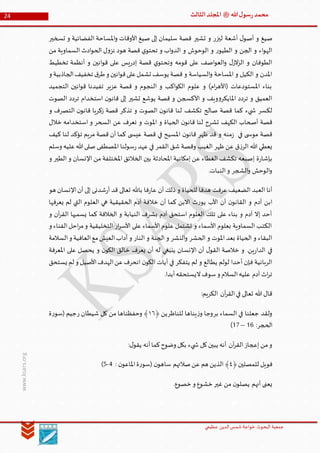 ‫الدین‬‫شمس‬ ‫خواجة‬ ‫البحوث‬ ‫جمعیة‬‫عظيمي‬
24 ‫هللا‬‫ل‬‫سو‬‫ر‬‫محمد‬‫ﷺ‬‫الثالث‬‫املجلد‬
www.ksars.org
‫تشير‬ ‫و‬ ‫ليزر‬ ‫أشعة‬ ‫ل‬‫أصو‬ ‫و‬ ‫صيغ‬‫تسخير‬ ‫و‬ ‫الفضائية‬ ‫املساحة‬‫و‬ ‫األوقات‬ ‫صيغ‬ ‫إلى‬ ‫سليمان‬ ‫قصة‬
‫من‬ ‫السماوية‬ ‫ادث‬‫و‬‫الح‬ ‫ل‬‫و‬‫نز‬ ‫هود‬ ‫قصة‬ ‫ي‬‫تحتو‬ ‫و‬ ‫اب‬‫و‬‫الد‬ ‫و‬ ‫الوحوش‬ ‫و‬ ‫ر‬‫الطيو‬ ‫و‬ ‫الجن‬ ‫و‬ ‫اء‬‫و‬‫اله‬
‫تخطيط‬ ‫أنظمة‬ ‫و‬ ‫انين‬‫و‬‫ق‬ ‫على‬ ‫يس‬‫ر‬‫إد‬ ‫قصة‬ ‫ي‬‫وتحتو‬ ‫قومه‬ ‫على‬ ‫اصف‬‫و‬‫الع‬‫و‬ ‫ل‬‫الز‬‫ز‬‫ال‬ ‫و‬ ‫الطوفان‬
‫يوسف‬ ‫قصة‬ ‫و‬ ‫السياسة‬‫و‬ ‫املساحة‬ ‫و‬ ‫الكيل‬ ‫و‬ ‫املدن‬‫و‬ ‫الجاذبية‬‫تخفيف‬ ‫ق‬‫طر‬‫و‬ ‫انين‬‫و‬‫ق‬‫على‬‫تشمل‬
‫التجميد‬ ‫انين‬‫و‬‫ق‬ ‫تفيدنا‬ ‫عزير‬ ‫قصة‬ ‫و‬ ‫النجوم‬ ‫و‬ ‫اكب‬‫و‬‫الك‬ ‫علوم‬ ‫و‬ )‫ام‬‫ر‬‫(األه‬ ‫املستودعات‬ ‫بناء‬
‫الصوت‬ ‫تردد‬ ‫استخدام‬ ‫ن‬‫قانو‬ ‫إلى‬ ‫تشير‬ ‫يوشع‬ ‫قصة‬ ‫و‬ ‫اآلكسجن‬ ‫و‬ ‫ويف‬‫و‬‫املايكر‬ ‫تردد‬ ‫و‬ ‫العميق‬
‫قص‬ ‫تذكر‬ ‫و‬ ‫الصوت‬ ‫ن‬‫قانو‬ ‫لنا‬ ‫تكشف‬ ‫صالح‬ ‫قصة‬ ‫كما‬ ‫يء‬ ‫ش‬ ‫لكسر‬‫و‬ ‫التصرف‬ ‫ن‬‫قانو‬ ‫زكريا‬ ‫ة‬
‫خالل‬ ‫استخدامه‬ ‫و‬ ‫السحر‬ ‫عن‬ ‫نعرف‬ ‫و‬ ‫املوت‬ ‫و‬ ‫الحياة‬ ‫ن‬‫قانو‬ ‫لنا‬ ‫تشرح‬ ‫الكهف‬ ‫أصحاب‬ ‫قصة‬
‫كيف‬ ‫لنا‬ ‫تؤكد‬ ‫مريم‬ ‫قصة‬ ‫أن‬ ‫كما‬ ‫ى‬ ‫عيس‬ ‫قصة‬ ‫في‬ ‫املسيح‬ ‫ن‬‫قانو‬ ‫ظهر‬ ‫قد‬ ‫و‬ ‫منه‬‫ز‬ ‫في‬ ‫ى‬ ‫موس‬ ‫قصة‬
‫هللا‬‫صلى‬ ‫املصطفى‬ ‫سولنا‬‫ر‬ ‫عهد‬ ‫في‬ ‫القمر‬ ‫شق‬ ‫وقصة‬ ‫الغيب‬ ‫ظهر‬ ‫عن‬ ‫ق‬‫ز‬‫الر‬ ‫هللا‬ ‫يعطي‬‫وسلم‬ ‫عليه‬
‫و‬ ‫الطير‬ ‫و‬ ‫اإلنسان‬ ‫من‬ ‫املختلفة‬ ‫الخالئق‬ ‫بين‬ ‫املحادثة‬ ‫إمكانية‬ ‫عن‬ ‫الغطاء‬ ‫تكشف‬ ‫إصبعه‬ ‫ة‬‫ر‬‫بإشا‬
.‫النبات‬‫و‬ ‫الشجر‬‫و‬ ‫الوحش‬‫و‬
‫هو‬ ‫اإلنسان‬‫أن‬ ‫إلى‬ ‫شدنى‬‫ر‬‫أ‬ ‫قد‬ ‫تعالى‬ ‫باهلل‬ ‫فا‬‫ر‬‫عا‬ ‫أن‬ ‫ذلك‬ ‫و‬ ‫للحياة‬ ‫هدفا‬ ‫عرفت‬ ‫الضعيف‬ ‫العبد‬ ‫أنا‬
‫خال‬ ‫أن‬ ‫كما‬ ‫االبن‬ ‫ث‬‫ر‬‫يو‬ ‫األب‬ ‫أن‬ ‫ن‬‫القانو‬ ‫و‬ ‫آدم‬ ‫ابن‬‫يعرفها‬ ‫لم‬ ‫التي‬ ‫العلوم‬ ‫هي‬ ‫الحقيقية‬ ‫آدم‬ ‫فة‬
‫و‬ ‫آن‬‫ر‬‫الق‬ ‫يسميها‬ ‫كما‬ ‫الخالفة‬ ‫و‬ ‫النيابة‬ ‫بشرف‬ ‫آدم‬ ‫استحق‬ ‫العلوم‬ ‫تلك‬ ‫على‬ ‫بناء‬ ‫و‬ ‫آدم‬ ‫إال‬ ‫أحد‬
‫و‬ ‫الفناء‬‫احل‬‫ر‬‫م‬‫و‬ ‫التخليقية‬ ‫ار‬‫ر‬‫األس‬ ‫على‬ ‫األسماء‬ ‫علوم‬ ‫تشتمل‬ ‫و‬ ‫األسماء‬ ‫بعلوم‬ ‫السماوية‬ ‫الكتب‬
‫الن‬‫و‬ ‫الحشر‬ ‫و‬ ‫املوت‬ ‫بعد‬ ‫الحياة‬ ‫و‬ ‫البقاء‬‫السالمة‬‫و‬ ‫العافية‬‫مع‬‫العيش‬‫آداب‬ ‫و‬ ‫النار‬ ‫و‬ ‫الجنة‬ ‫و‬ ‫شر‬
‫املعرفة‬ ‫على‬ ‫يحصل‬ ‫و‬ ‫ن‬‫الكو‬ ‫خالق‬ ‫يعرف‬ ‫أن‬ ‫له‬ ‫ينبغي‬ ‫اإلنسان‬ ‫أن‬ ‫ل‬‫القو‬ ‫خالصة‬ ‫و‬ .‫ين‬‫ر‬‫الدا‬ ‫في‬
‫يستحق‬ ‫لم‬ ‫و‬ ‫األصيل‬‫الهدف‬‫عن‬‫انحرف‬ ‫ن‬‫الكو‬ ‫آيات‬ ‫في‬ ‫يتفكر‬ ‫لم‬ ‫و‬ ‫يطالع‬ ‫لولم‬ ‫أحدا‬ ‫فإن‬ ‫الربانية‬
‫اليست‬‫سوف‬‫و‬ ‫السالم‬‫عليه‬ ‫آدم‬ ‫اث‬‫ر‬‫ت‬.‫أبدا‬‫حقه‬
:‫الكريم‬ ‫آن‬‫ر‬‫الق‬‫في‬ ‫تعالى‬ ‫هللا‬‫قال‬
‫بر‬ ‫السماء‬ ‫في‬ ‫جعلنا‬ ‫ولقد‬‫للناظر‬ ‫يناها‬‫ز‬‫و‬ ‫وجا‬﴿ ‫ين‬٦١‫ر‬ ‫شيطان‬ ‫كل‬ ‫من‬ ‫وحفظناها‬ ﴾‫ة‬‫ر‬‫(سو‬ ‫جيم‬
:‫الحجر‬54–51)
:‫ل‬‫يقو‬ ‫أنه‬‫كما‬‫وضوح‬ ‫بكل‬ ‫يء‬ ‫ش‬ ‫كل‬‫يبين‬ ‫أنه‬ ‫آن‬‫ر‬‫الق‬‫إعجاز‬ ‫من‬‫و‬
‫فويل‬﴿‫للمصلين‬٤: ‫ن‬‫املاعو‬‫ة‬‫ر‬‫(سو‬ ‫ن‬‫ساهو‬ ‫صالتهم‬‫عن‬ ‫هم‬ ‫الذين‬ ﴾6-1)
.‫خصوع‬ ‫و‬ ‫خشوع‬ ‫غير‬ ‫من‬ ‫ن‬‫يصلو‬ ‫أنهم‬ ‫يعنى‬
 