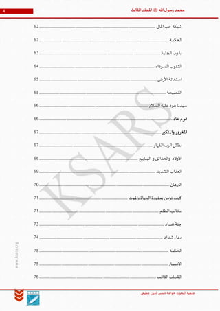 ‫الدین‬‫شمس‬ ‫خواجة‬ ‫البحوث‬ ‫جمعیة‬‫عظيمي‬
4 ‫هللا‬‫ل‬‫سو‬‫ر‬‫محمد‬‫ﷺ‬‫الثالث‬‫املجلد‬
www.ksars.org
‫املال‬‫حب‬ ‫شبكة‬............................................................................................................................................62
‫الحكمة‬............................................................................................................................................................62
‫الجليد‬‫يذوب‬..................................................................................................................................................63
‫السوداء‬‫الثقوب‬...........................................................................................................................................64
‫ض‬‫ر‬‫األ‬ ‫استغاثة‬..............................................................................................................................................65
‫النصيحة‬.........................................................................................................................................................65
‫عليه‬‫هود‬ ‫سيدنا‬‫السالم‬....................................................................................................................................66
‫عاد‬ ‫قوم‬.................................................................................................................................................................66
‫واملتكبر‬‫ر‬‫و‬‫املغر‬...................................................................................................................................................67
‫الرب‬‫بطش‬‫القهار‬.........................................................................................................................................67
‫الينابيع‬ ‫و‬ ‫الحدائق‬‫و‬ ‫األوالد‬.......................................................................................................................68
‫الشديد‬ ‫العذاب‬............................................................................................................................................69
‫البرهان‬.............................................................................................................................................................70
‫املوت‬‫و‬ ‫الحياة‬‫بعقيدة‬ ‫نؤمن‬ ‫كيف‬...........................................................................................................71
‫الظلم‬‫مخالب‬................................................................................................................................................71
‫شداد‬‫جنة‬.......................................................................................................................................................73
‫شداد‬‫دعاء‬.....................................................................................................................................................74
‫الحكمة‬............................................................................................................................................................75
‫اإلعصار‬...........................................................................................................................................................75
‫الثاقب‬‫الشهاب‬.............................................................................................................................................76
 