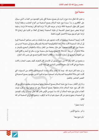 ‫الدین‬‫شمس‬ ‫خواجة‬ ‫البحوث‬ ‫جمعیة‬‫عظيمي‬
57 ‫هللا‬‫ل‬‫سو‬‫ر‬‫محمد‬‫ﷺ‬‫الثالث‬‫املجلد‬
www.ksars.org
‫نوح‬‫سفينة‬
‫ل‬‫سينز‬ ‫الذي‬ ‫العذاب‬ ‫من‬ ‫ن‬‫املؤمنو‬ ‫يأمن‬ ‫لكي‬ ‫سفينة‬ ‫يصنع‬ ‫بأن‬ ‫أمره‬ ‫و‬ ‫نوح‬ ‫دعاء‬ ‫تعالى‬ ‫هللا‬ ‫تقبل‬ ‫و‬
‫ال‬ ‫اح‬‫و‬‫أل‬ ‫من‬ ‫السفينة‬ ‫يصنع‬ ‫السالم‬ ‫عليه‬ ‫نوح‬ ‫سيدنا‬ ‫بدأ‬ ‫و‬ ‫الكافرين‬ ‫على‬‫اية‬‫و‬‫لر‬ ‫وفقا‬ ‫و‬ ‫خشب‬
‫السفينة‬ ‫ل‬‫طو‬ ‫كان‬ ‫إنجيل‬660‫كان‬ ‫عرضه‬ ‫و‬ ‫اعا‬‫ر‬‫ذ‬16‫تفاعه‬‫ر‬‫ا‬ ‫كان‬ ‫كما‬ ‫اعا‬‫ر‬‫ذ‬60‫طبقا‬ ‫و‬ .‫اعا‬‫ر‬‫ذ‬
‫تفاع‬‫ر‬‫ا‬ ‫على‬ ‫اقتربا‬ ‫و‬ ‫العالء‬ ‫إلى‬ ‫تفعا‬‫ر‬‫ا‬ ‫السفينة‬ ‫طرفا‬ ‫أن‬ ‫القديمة‬ ‫إنجيل‬ ‫نسخ‬ ‫بعض‬ ‫اية‬‫و‬‫لر‬60
.‫فقط‬‫كيوبت‬ ‫فصل‬‫إال‬‫بينهما‬ ‫يبق‬ ‫لم‬ ‫حتى‬ ‫اعا‬‫ر‬‫ذ‬
‫مستطي‬ ‫السفينة‬ ‫ضية‬‫ر‬‫أ‬ ‫كانت‬‫املهرة‬‫السفينة‬ ‫صانعو‬ ‫ذهب‬ ‫و‬ ‫طبقات‬ ‫عدة‬ ‫على‬ ‫ى‬‫تحتو‬ ‫كانت‬ ‫و‬ ‫لة‬
‫من‬‫أحسن‬‫سفينة‬‫أي‬‫صنع‬‫يمكن‬ ‫ولم‬ ‫الحديثة‬ ‫للتكنولوجية‬ ‫ائعا‬‫ر‬ ‫مثاال‬ ‫كانت‬ ‫السفينة‬ ‫تلك‬ ‫أن‬ ‫إلى‬
‫و‬ .‫الوحل‬‫و‬ ‫ي‬‫البحر‬ ‫الطوفان‬‫و‬ ‫املاء‬‫و‬ ‫و‬ ‫املطر‬ ‫من‬ ‫يحفظ‬ ‫از‬‫ر‬‫ط‬ ‫على‬ ‫صنعت‬ ‫كانت‬ ‫التي‬ ‫نوح‬ ‫سفينة‬
‫جال‬‫ر‬ ‫أن‬ ‫أن‬ ‫لذلك‬ ‫مثاال‬I.K. Bruvel‫ا‬‫ر‬‫كثي‬‫كافح‬‫و‬ ‫البحر‬‫في‬ ‫سافر‬ ‫و‬ ‫نوح‬ ‫سفينة‬ ‫مثل‬ ‫سفينة‬ ‫صنع‬
.‫از‬‫ر‬‫الط‬‫ذلك‬‫نفس‬ ‫على‬‫تصنع‬ ‫الكبيرة‬‫النفظ‬‫ناقالت‬ ‫و‬ .‫املتعددة‬‫ه‬‫ر‬‫أسفا‬‫في‬ ‫ي‬‫البحر‬‫الطوفان‬ ‫من‬
‫قم‬‫ر‬ ‫اآلية‬ ‫من‬ ‫يتضح‬ ‫و‬65‫كانت‬ ‫و‬ ‫البحار‬ ‫يجوب‬ ‫كيف‬ ‫اليعرف‬ ‫كان‬ ‫اإلنسان‬ ‫أن‬ ‫يسين‬ ‫ة‬‫ر‬‫سو‬ ‫من‬
‫سفينة‬‫ل‬‫أو‬‫كانت‬‫هي‬ ‫نوح‬ ‫سفينة‬.‫ض‬‫ر‬‫األ‬‫وجه‬ ‫على‬ ‫ي‬‫البشر‬‫للجنس‬
‫التي‬ ‫ات‬‫و‬‫السن‬ ‫من‬ ‫اآلالف‬ ‫قبل‬ ‫السفينة‬ ‫بإعداد‬ ‫بذلك‬ ‫وقام‬ ‫به‬ ‫نوحا‬ ‫هللا‬ ‫شرف‬ ‫كان‬ ‫علما‬ ‫إن‬ ‫و‬
‫في‬‫السفينة‬‫بصنع‬ ‫ن‬‫يقومو‬ ‫للذين‬ ‫قويا‬‫نموذجا‬ ‫أصبحت‬‫قد‬‫و‬ ‫الحديثة‬‫للتكنوجية‬ ‫مثاال‬‫أعلى‬ ‫كانت‬
.‫املقبل‬‫و‬ ‫الحاضر‬ ‫العصر‬
‫ال‬‫عليه‬‫نوح‬ ‫سيدنا‬ ‫الكفار‬ ‫أى‬‫ر‬ ‫ملا‬ ‫و‬‫كل‬‫مع‬‫ولكن‬ ‫يطعنونه‬ ‫و‬ ‫نه‬‫و‬‫يسخر‬ ‫ا‬‫و‬‫جعل‬ ‫السفينة‬‫يصنع‬ ‫سالم‬
‫موعد‬ ‫قرب‬ ‫و‬ .‫يوما‬ ‫صنعها‬ ‫تم‬ ‫حتى‬ ‫السفينة‬ ‫بصنع‬ ‫مشغوال‬ ‫مادام‬ ‫السالم‬ ‫عليه‬ ‫نوح‬ ‫كان‬ ‫ذلك‬
‫املؤمنين‬ ‫يركب‬ ‫أن‬ ‫نوحا‬ ‫تعالى‬ ‫هللا‬ ‫فأمر‬ ‫ض‬‫ر‬‫األ‬ ‫من‬ ‫ينبع‬ ‫بدأ‬ ‫املاء‬ ‫أن‬ ‫السالم‬ ‫عليه‬ ‫نوح‬ ‫آى‬‫ر‬‫ف‬ ‫العذاب‬
‫ح‬ ‫كل‬ ‫من‬ ‫جين‬‫و‬‫ز‬ ‫يضع‬ ‫و‬ ‫السفينة‬ ‫في‬‫هللا‬‫أمر‬‫السفينة‬‫في‬‫اج‬‫و‬‫األز‬‫وضع‬ ‫و‬ ‫الركوب‬ ‫تم‬ ‫ملا‬ ‫و‬ ‫فيها‬ ‫ان‬‫و‬‫ي‬
:‫تعالى‬
"!‫امطر‬‫ماء‬‫"يا‬
:‫ض‬‫ر‬‫األ‬‫ينابيع‬ ‫أمر‬‫و‬
"‫نبعا‬ ‫تنبع‬ ‫"بأن‬
 