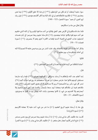 ‫الدین‬‫شمس‬ ‫خواجة‬ ‫البحوث‬ ‫جمعیة‬‫عظيمي‬
72 ‫هللا‬‫ل‬‫سو‬‫ر‬‫محمد‬‫ﷺ‬‫الثالث‬‫املجلد‬
www.ksars.org
﴿ ‫اعظين‬‫و‬‫ال‬ ‫من‬ ‫تكن‬ ‫لم‬ ‫أم‬ ‫أوعظت‬ ‫علينا‬ ‫اء‬‫و‬‫س‬٦٢١﴿ ‫األولين‬ ‫خلق‬ ‫إال‬ ‫هذا‬ ‫إن‬ ﴾٦٢٢‫نحن‬ ‫وما‬ ﴾
﴿ ‫بمعذبين‬٦٢٢‫أكثر‬ ‫كان‬ ‫وما‬ ‫آلية‬ ‫ذلك‬ ‫في‬ ‫إن‬ ‫فأهلكناهم‬ ‫فكذبوه‬ ﴾﴿ ‫مؤمنين‬ ‫هم‬٦٢٢‫ر‬ ‫إن‬‫و‬ ﴾‫بك‬
‫الر‬ ‫العزيز‬‫لهو‬: ‫اء‬‫ر‬‫الشع‬‫ة‬‫ر‬‫سو‬ ".‫حيم‬536–560)
:‫هم‬‫ر‬‫استكا‬‫و‬ ‫عاد‬‫عن‬‫تعالى‬ ‫وقال‬
‫فا‬ ‫عاد‬ ‫فأما‬‫ستكبر‬‫األر‬ ‫في‬ ‫ا‬‫و‬‫بغير‬ ‫ض‬‫ير‬ ‫أولم‬ ‫قوة‬ ‫منا‬ ‫أشد‬ ‫من‬ ‫ا‬‫و‬‫وقال‬ ‫الحق‬‫خلقهم‬ ‫الذي‬ ‫ـه‬‫ل‬‫ال‬ ‫أن‬ ‫ا‬‫و‬
﴿ ‫ن‬‫يجحدو‬ ‫بآياتنا‬ ‫ا‬‫و‬‫وكان‬ ‫قوة‬ ‫منهم‬ ‫أشد‬ ‫هو‬٦٠‫فأر‬ ﴾‫ر‬ ‫عليهم‬ ‫سلنا‬‫صر‬ ‫يحا‬‫صر‬‫نحسات‬ ‫أيام‬ ‫في‬ ‫ا‬
‫ولعذا‬ ‫الدنيا‬ ‫الحياة‬ ‫في‬ ‫ي‬‫الخز‬ ‫عذاب‬ ‫لنذيقهم‬‫اآلخر‬ ‫ب‬‫ينصر‬ ‫ال‬ ‫وهم‬ ‫ى‬‫أخز‬ ‫ة‬﴿ ‫ن‬‫و‬٦١‫ة‬‫ر‬‫(سو‬ ﴾
:‫فصلت‬51–54)
‫اذكر‬‫و‬‫أنذر‬ ‫إذ‬ ‫عاد‬ ‫أخا‬‫النذر‬ ‫خلت‬ ‫وقد‬ ‫باألحقاف‬ ‫قومه‬‫ـه‬‫ل‬‫ال‬‫إال‬‫ا‬‫و‬‫تعبد‬ ‫أال‬‫خلفه‬‫ومن‬ ‫يديه‬ ‫بين‬ ‫من‬
﴿ ‫عظيم‬‫يوم‬ ‫عذاب‬‫عليكم‬ ‫أخاف‬‫إني‬٣٦﴾
:‫ا‬‫و‬‫قال‬
﴿ ‫الصادقين‬‫من‬‫كنت‬‫إن‬‫تعدنا‬ ‫بما‬ ‫فأتنا‬‫آلهتنا‬‫عن‬‫لتأفكنا‬ ‫أجئتنا‬٣٣﴾
:‫قال‬
‫أر‬ ‫ما‬ ‫أبلغكم‬‫و‬ ‫ـه‬‫ل‬‫ال‬ ‫عند‬ ‫العلم‬ ‫إنما‬‫أر‬ ‫ولكني‬ ‫به‬ ‫سلت‬﴿ ‫ن‬‫تجهلو‬ ‫قوما‬ ‫اكم‬٣٢‫ر‬ ‫فلما‬ ﴾‫عار‬ ‫أوه‬‫ضا‬
‫عار‬ ‫هذا‬ ‫ا‬‫و‬‫قال‬ ‫أوديتهم‬ ‫مستقبل‬‫ممطر‬ ‫ض‬‫ر‬ ‫به‬ ‫استعجلتم‬ ‫ما‬ ‫هو‬ ‫بل‬ ‫نا‬﴿ ‫أليم‬ ‫عذاب‬ ‫فيها‬ ‫يح‬٣٤﴾
‫تدمر‬‫بأمر‬ ‫يء‬ ‫ش‬ ‫كل‬‫ر‬‫ير‬ ‫ال‬ ‫ا‬‫و‬‫فأصبح‬ ‫بها‬‫ن‬ ‫كذلك‬ ‫مساكنهم‬ ‫إال‬ ‫ى‬‫املجر‬ ‫القوم‬ ‫ي‬‫جز‬﴿ ‫مين‬٣٠‫ولقد‬ ﴾
‫أبصار‬‫و‬ ‫سمعا‬ ‫لهم‬ ‫وجعلنا‬ ‫فيه‬ ‫مكناكم‬ ‫إن‬ ‫فيما‬ ‫مكناهم‬‫وال‬ ‫سمعهم‬ ‫عنهم‬ ‫أغنى‬ ‫فما‬ ‫أفئدة‬‫و‬ ‫ا‬
‫أبصار‬.‫ن‬‫يستهزئو‬ ‫به‬ ‫ا‬‫و‬‫كان‬ ‫ما‬ ‫بهم‬ ‫وحاق‬ ‫ـه‬‫ل‬‫ال‬ ‫بآيات‬ ‫ن‬‫يجحدو‬ ‫ا‬‫و‬‫كان‬ ‫إذ‬ ‫يء‬ ‫ش‬ ‫من‬ ‫أفئدتهم‬ ‫وال‬ ‫هم‬
‫األحق‬‫ة‬‫ر‬‫(سو‬: ‫اف‬35–34)
:‫تعالى‬ ‫وقال‬
‫أر‬ ‫إذ‬ ‫عاد‬ ‫وفي‬‫الر‬ ‫عليهم‬ ‫سلنا‬﴿ ‫العقيم‬ ‫يح‬٤٦‫تذر‬ ‫ما‬ ﴾‫كالر‬ ‫جعلته‬ ‫إال‬ ‫عليه‬ ‫أتت‬ ‫يء‬ ‫ش‬ ‫من‬‫ميم‬
﴿٤٣)‫يات‬‫ر‬‫ا‬‫ز‬‫ال‬‫ة‬‫ر‬‫(سو‬ ﴾
‫ونذر‬ ‫عذابي‬ ‫كان‬ ‫فكيف‬ ‫عاد‬ ‫كذبت‬﴿٦٢‫أر‬ ‫إنا‬ ﴾‫ر‬ ‫عليهم‬ ‫سلنا‬‫صر‬ ‫يحا‬‫صر‬‫مستمر‬ ‫نحس‬ ‫يوم‬ ‫في‬ ‫ا‬
﴿٦٢‫منقعر‬‫نخل‬ ‫أعجاز‬ ‫كأنهم‬‫الناس‬‫تنزع‬ ﴾﴿٣٣‫ونذر‬ ‫عذابي‬‫كان‬ ‫فكيف‬ ﴾﴿٣٦)‫القمر‬‫ة‬‫ر‬‫(سو‬﴾
 