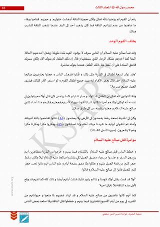 ‫الدین‬‫شمس‬ ‫خواجة‬ ‫البحوث‬ ‫جمعیة‬‫عظيمي‬
83 ‫هللا‬‫ل‬‫سو‬‫ر‬‫محمد‬‫ﷺ‬‫الثالث‬‫املجلد‬
www.ksars.org
‫بوفاء‬ ‫ا‬‫و‬‫قفام‬ ‫حيرتهم‬ ‫و‬ ‫عقولهم‬ ‫أدهشت‬ ‫الناقة‬ ‫معجزة‬ ‫ولكن‬ ‫تعالى‬ ‫باهلل‬ ‫ا‬‫و‬‫يؤمن‬ ‫لم‬ ‫القوم‬ ‫أن‬ ‫غم‬‫ر‬
‫عندما‬ ‫البئر‬ ‫إلى‬ ‫أحد‬ ‫يذهب‬ ‫كان‬ ‫فما‬ ‫الناقة‬ ‫إيذائهم‬ ‫عدم‬ ‫من‬ ‫ا‬‫و‬‫عاهد‬ ‫ما‬‫للشرب‬ ‫الناقة‬ ‫تذهب‬
.‫هناك‬
‫الوعد‬‫القوم‬ ‫يخلف‬
‫االناقة‬‫منهم‬‫أحد‬ ‫ويقتل‬ ‫طويلة‬ ‫ملدة‬ ‫العهد‬ ‫ن‬‫يوفو‬ ‫ال‬ ‫سوف‬ ‫الناس‬ ‫أن‬ ‫السالم‬ ‫عليه‬ ‫صالح‬ ‫تنبأ‬ ‫وقد‬
‫سيولد‬ ‫ولكن‬ ‫اآلن‬ ‫يتولد‬ ‫لم‬ ‫الطفل‬ ‫ذلك‬ ‫إن‬ ‫قال‬ ‫و‬ ‫سيقتلها‬ ‫الذي‬ ‫الرجل‬ ‫بشكل‬ ‫أخبرهم‬ ‫كما‬ ‫البتة‬
‫الطفل‬ ‫ذلك‬‫مثل‬ َ‫قتل‬ُ‫ي‬ ‫أن‬‫على‬‫السادة‬‫فاتفق‬.‫مباشرة‬‫يتولد‬ ‫عندما‬
‫صالحا‬ ‫ن‬‫ضو‬‫ر‬‫يعا‬ ‫ا‬‫و‬‫جعل‬ ‫و‬ ‫الناس‬ ‫فدهش‬ ‫ا‬‫و‬‫تل‬
ُ
‫ق‬ ‫و‬ ‫ذلك‬ ‫مثل‬ ‫القرية‬ ‫في‬ ‫أطفال‬ ‫تسعة‬ ‫تولد‬ ‫"وقد‬
‫فينتهى‬ ‫كذلك‬ ‫األمر‬ ‫استمر‬ ‫لو‬ ‫و‬ ‫القوم‬ ‫أطفال‬ ‫جميع‬ ‫يبيد‬ ‫إنه‬ ‫اد‬‫ر‬‫األف‬ ‫بعض‬ ‫قال‬ ‫حتى‬ ‫السالم‬ ‫عليه‬
".‫بسرعة‬ ‫جميعا‬ ‫الجيل‬
‫ش‬ ‫صار‬ ‫و‬ ‫تولد‬ ‫قد‬ ‫الطفل‬ ‫أن‬ ‫تعالى‬ ‫هللا‬ ‫انين‬‫و‬‫لق‬ ‫وفقا‬‫في‬‫ن‬‫يقولو‬ ‫أوالدهم‬‫قتل‬‫كان‬‫من‬‫اه‬‫ر‬‫ي‬ ‫كلما‬ ‫و‬ ‫ابا‬
‫للنبي‬ ‫أعداء‬‫هذا‬ ‫فكرهم‬‫فجعلهم‬‫ألسرتهم‬ ‫وبهاء‬ ‫أقوياء‬ ‫شبانا‬ ‫ا‬‫و‬‫لكان‬ ‫أحياء‬ ‫أوالدهم‬ ‫لوكان‬ ‫أنه‬ ‫نفسه‬
.‫ممكن‬‫طريق‬‫كل‬‫عن‬‫يؤذونه‬ ‫ا‬‫و‬‫جعل‬ ‫و‬ ‫السالم‬‫عليه‬ ‫صالح‬
‫ر‬ ‫تسعة‬ ‫املدينة‬ ‫في‬ ‫وكان‬‫األر‬ ‫في‬ ‫ن‬‫يفسدو‬ ‫هط‬‫ن‬‫يصلحو‬ ‫وال‬ ‫ض‬﴿٤٢﴾‫لنبيتنه‬ ‫ـه‬‫ل‬‫بال‬ ‫ا‬‫و‬‫تقاسم‬ ‫ا‬‫و‬‫قال‬
‫ن‬‫لصادقو‬ ‫إنا‬‫و‬ ‫أهله‬ ‫مهلك‬ ‫شهدنا‬ ‫ما‬ ‫لوليه‬ ‫لنقولن‬ ‫ثم‬ ‫أهله‬‫و‬﴿٤٢﴾‫ومكر‬‫مكر‬ ‫ا‬‫و‬‫ومكر‬ ‫ا‬‫مكر‬ ‫نا‬‫ا‬
‫يشعر‬ ‫ال‬‫وهم‬‫النمل‬‫ة‬‫ر‬‫(سو‬ .‫ن‬‫و‬66-10)
‫ال‬‫عليه‬‫صالح‬‫قتل‬‫مؤامرة‬‫سالم‬
‫أنهم‬‫متظاهرين‬‫القرية‬‫من‬‫ا‬‫و‬‫خرج‬ ‫و‬ ‫بينهم‬ ‫فيما‬ ‫ر‬‫بالتشاو‬ ‫السالم‬ ‫عليه‬ ‫صالح‬ ‫قتل‬ ‫الناس‬ ‫خطط‬ ‫و‬
‫سقط‬‫ولكن‬ ‫ليال‬ ‫السالم‬‫عليه‬‫صالحا‬‫ا‬‫و‬‫يقتلت‬ ‫لكي‬ ‫الجبل‬ ‫مضيق‬ ‫اء‬‫ر‬‫و‬ ‫من‬ ‫ا‬‫و‬‫جلس‬ ‫و‬ ‫السفر‬ ‫ن‬‫يريدو‬
‫تحت‬ ‫ا‬‫و‬‫مات‬‫أنهم‬‫الناس‬‫علم‬‫و‬ ‫أيام‬ ‫بضعة‬ ‫ى‬ ‫مض‬ ‫ملا‬‫و‬ ‫ا‬‫و‬‫هلك‬ ‫و‬ ‫عليهم‬ ‫الجبل‬ ‫قمة‬ ‫من‬ ‫كبير‬ ‫حجر‬‫حجر‬
:‫ا‬‫و‬‫قال‬‫و‬ ‫السالم‬‫عليه‬ ‫صالح‬ ‫إلى‬ ‫ا‬‫و‬‫فأت‬‫للجبل‬ ‫كبير‬
‫وقع‬ ‫قد‬‫نفهم‬ ‫كما‬‫كله‬‫ذلك‬‫و‬ ‫أيضا‬‫أبائهم‬‫قتلت‬‫قلبك‬ ‫يتبرد‬ ‫لم‬ ‫ملا‬ ‫و‬ ‫قومنا‬ ‫أوالد‬ ‫بقتل‬ ‫قمت‬ ‫قد‬ ‫"أوال‬
"‫حية‬ ‫نتركها‬ ‫فال‬‫الناقة‬‫هذه‬ ‫ألجل‬
‫اناته‬‫و‬‫حي‬ ‫و‬ ‫ا‬‫و‬‫منع‬ ‫ملا‬ ‫غضبهم‬ ‫داد‬‫ز‬‫ا‬ ‫قد‬ ‫و‬ ‫السالم‬ ‫عليه‬ ‫صالح‬ ‫من‬ ‫غاضبين‬ ‫ا‬‫و‬‫كان‬ ‫أنهم‬ ‫كما‬‫من‬ ‫م‬
‫الناس‬‫بعض‬ ‫استعد‬‫ملا‬‫و‬ ‫الناقة‬‫قتل‬‫ا‬‫و‬‫خطط‬ ‫و‬ ‫بينهم‬ ‫فيما‬ ‫ا‬‫و‬‫ر‬‫فشاو‬ ‫األسبوع‬ ‫أيام‬ ‫من‬ ‫يوم‬ ‫في‬ ‫الشرب‬
 