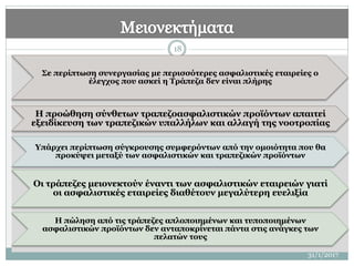 Σε περίπτωση συνεργασίας με περισσότερες ασφαλιστικές εταιρείες ο
έλεγχος που ασκεί η Τράπεζα δεν είναι πλήρης
Η προώθηση σύνθετων τραπεζοασφαλιστικών προϊόντων απαιτεί
εξειδίκευση των τραπεζικών υπαλλήλων και αλλαγή της νοοτροπίας
Υπάρχει περίπτωση σύγκρουσης συμφερόντων από την ομοιότητα που θα
προκύψει μεταξύ των ασφαλιστικών και τραπεζικών προϊόντων
Οι τράπεζες μειονεκτούν έναντι των ασφαλιστικών εταιρειών γιατί
οι ασφαλιστικές εταιρείες διαθέτουν μεγαλύτερη ευελιξία
Η πώληση από τις τράπεζες απλοποιημένων και τυποποιημένων
ασφαλιστικών προϊόντων δεν ανταποκρίνεται πάντα στις ανάγκες των
πελατών τους
18
31/1/2017
 