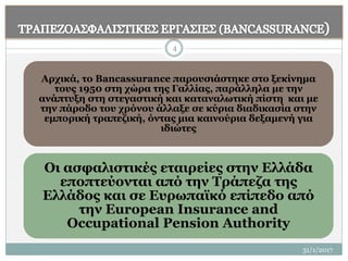 Αρχικά, το Bancassurance παρουσιάστηκε στο ξεκίνημα
τους 1950 στη χώρα της Γαλλίας, παράλληλα με την
ανάπτυξη στη στεγαστική και καταναλωτική πίστη και με
την πάροδο του χρόνου άλλαξε σε κύρια διαδικασία στην
εμπορική τραπεζική, όντας μια καινούρια δεξαμενή για
ιδιώτες
Οι ασφαλιστικές εταιρείες στην Ελλάδα
εποπτεύονται από την Τράπεζα της
Ελλάδος και σε Ευρωπαϊκό επίπεδο από
την European Insurance and
Occupational Pension Authority
4
31/1/2017
 