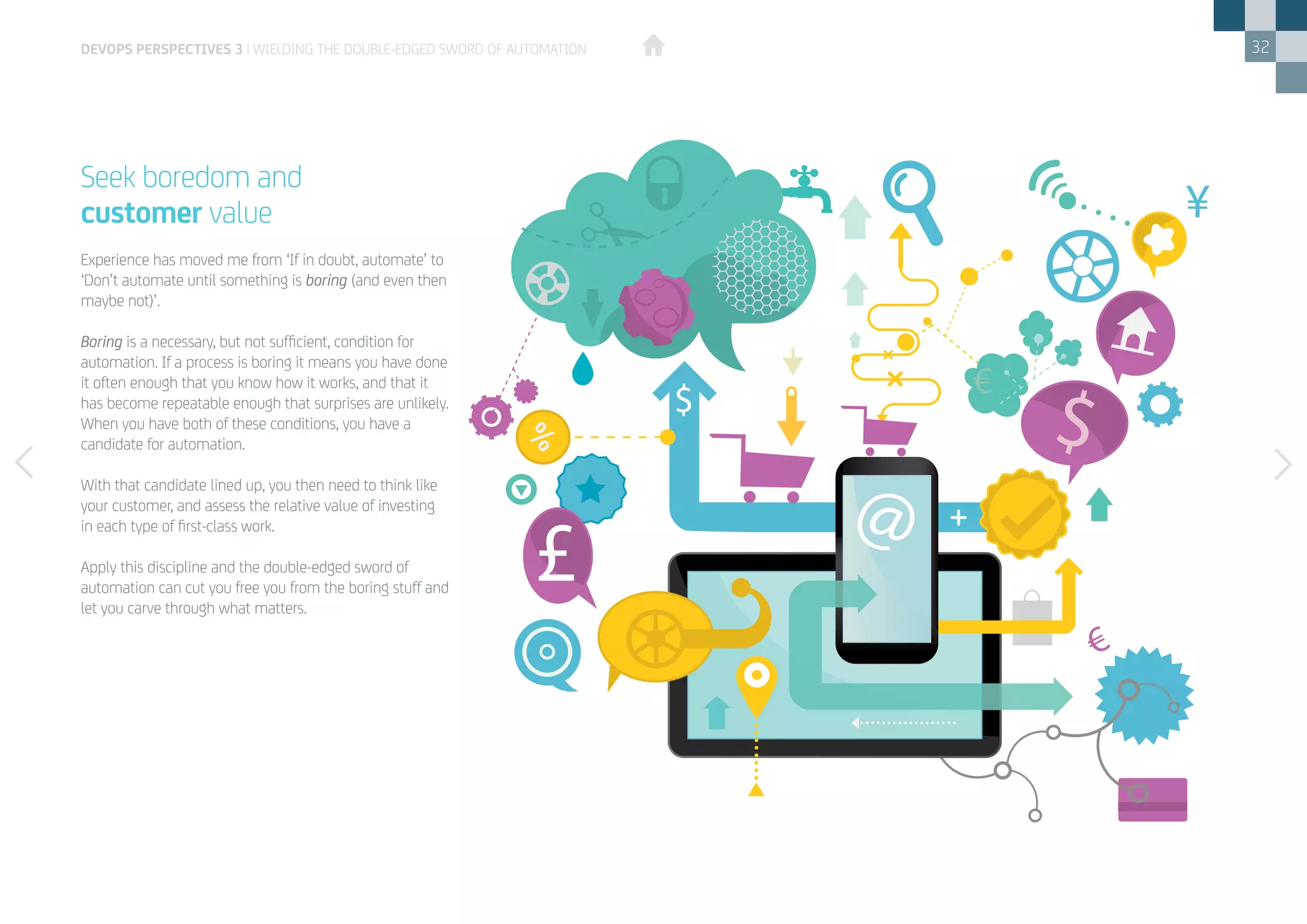 32
Experience has moved me from ‘If in doubt, automate’ to
‘Don’t automate until something is boring (and even then
maybe not)’.
Boring is a necessary, but not sufficient, condition for
automation. If a process is boring it means you have done
it often enough that you know how it works, and that it
has become repeatable enough that surprises are unlikely.
When you have both of these conditions, you have a
candidate for automation.
With that candidate lined up, you then need to think like
your customer, and assess the relative value of investing
in each type of first-class work.
Apply this discipline and the double-edged sword of
automation can cut you free you from the boring stuff and
let you carve through what matters.
Seek boredom and
customer value
DEVOPS PERSPECTIVES 3 | WIELDING THE DOUBLE-EDGED SWORD OF AUTOMATION
 