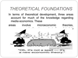 THEORETICAL FOUNDATIONS
In terms of theoretical development, three areas
account for much of the knowledge regarding
media economics. These
areas involve microeconomic theories,
macroeconomic theories, and studies related to
political economy.
 