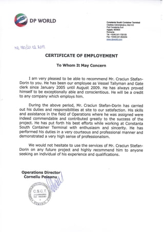 certificate of employement DP WORLD