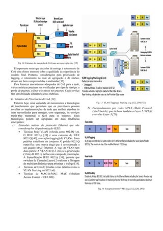 Fig. 14 Estrutura de marcação de CoS para serviços triple-play [12]
É importante notar que decisões de entrega e roteamento de
CoS têm efeitos imensos sobre a qualidade da experiência do
usuário final. Portanto, considerações para priorização de
tagging, e roteamento na rede de agregação e de núcleo,
devem ser bem compreendidas e analisadas [57].
Para fornecer mecanismos adequados de CoS para a rede,
várias métricas precisam ser verificadas por tipo de serviço: a
perda de pacotes, o jitter e o atraso nos pacotes. Cada serviço
tem sensibilidade diferente a estas métricas.
D. Modelos de Priorização de CoS [12]
Existem hoje, uma variedade de mecanismos e tecnologias
de tunelamento que permitem que os provedores possam
escolher as implementações de rede que melhor atendam às
suas necessidades para entregar, com segurança, os serviços
triple-play mantendo o QoS para os mesmos. Estas
tecnologias podem ser agrupadas em duas tendências
emergentes:
1) Extensões nativas do protocolo Ethernet que são
considerações da padronização IEEE:
• Técnicas body-VLAN (referida como 802.1Q / p).
O IEEE 802.1p [39] é uma extensão do IEEE
802.1Q [40], marcação (tagging) de VLANs. Estes
padrões trabalham em conjunto. O padrão 802.1Q
especifica uma marca (tag) que é acrescentada a
um quadro MAC Ethernet. A ‘tag’ de VLAN tem
duas partes: A VLAN ID (12 -bits) e a priorização
(3 bits).O 802.1p define este campo de priorização.
A Especificação IEEE 802.1p [39], permite que
switches de Camada (Layer) 2 realizem a filtragem
de multicast dinâmico para priorizar o tráfego [38].
• Técnicas de Q-in-Q (muitas vezes referida como a
VLAN Stacking ou 802.1ad)
• Técnicas de MAC-in-MAC. MAC (Medium
Access Control - IEEE 802)
Fig. 15 VLAN Tagging e Stacking (e.g. [12], [39]-[42])
2) Encapsulamento por redes MPLS (Multi Protocol
Label Switch), que incluem também o Layer 2 (VPLS)
e versões Layer 3 [20].
Fig. 16 Encapsulamento VPLS (e.g. [12], [20], [40])
 