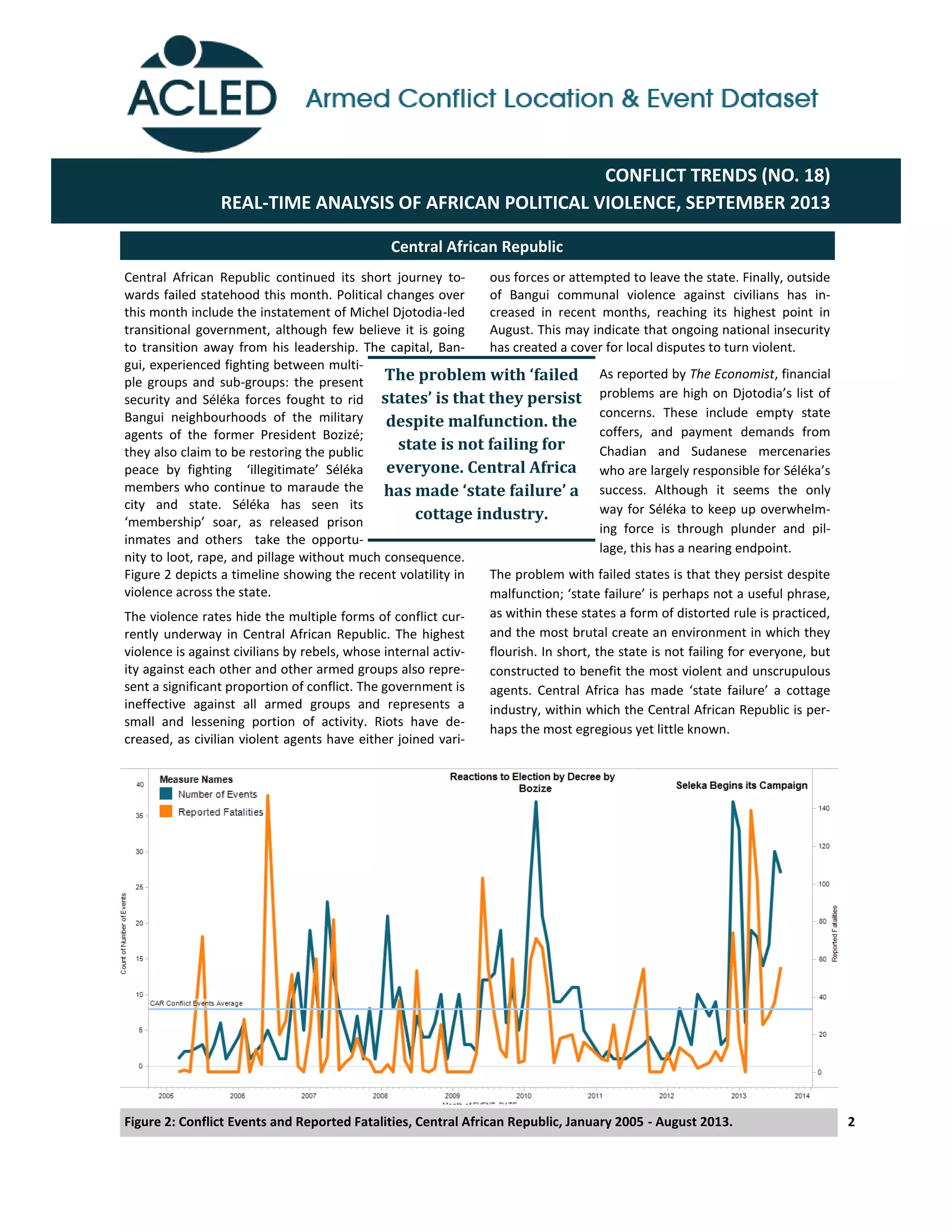 2
Central African Republic continued its short journey to-
wards failed statehood this month. Political changes over
this month include the instatement of Michel Djotodia-led
transitional government, although few believe it is going
to transition away from his leadership. The capital, Ban-
gui, experienced fighting between multi-
ple groups and sub-groups: the present
security and Séléka forces fought to rid
Bangui neighbourhoods of the military
agents of the former President Bozizé;
they also claim to be restoring the public
peace   by   fighting      ‘illegitimate’   Séléka  
members who continue to maraude the
city and state. Séléka has seen its
‘membership’   soar,   as   released   prison  
inmates and others take the opportu-
nity to loot, rape, and pillage without much consequence.
Figure 2 depicts a timeline showing the recent volatility in
violence across the state.
The violence rates hide the multiple forms of conflict cur-
rently underway in Central African Republic. The highest
violence is against civilians by rebels, whose internal activ-
ity against each other and other armed groups also repre-
sent a significant proportion of conflict. The government is
ineffective against all armed groups and represents a
small and lessening portion of activity. Riots have de-
creased, as civilian violent agents have either joined vari-
ous forces or attempted to leave the state. Finally, outside
of Bangui communal violence against civilians has in-
creased in recent months, reaching its highest point in
August. This may indicate that ongoing national insecurity
has created a cover for local disputes to turn violent.
As reported by The Economist, financial
problems  are  high  on  Djotodia’s  list  of  
concerns. These include empty state
coffers, and payment demands from
Chadian and Sudanese mercenaries
who  are  largely  responsible  for  Séléka’s  
success. Although it seems the only
way for Séléka to keep up overwhelm-
ing force is through plunder and pil-
lage, this has a nearing endpoint.
The problem with failed states is that they persist despite
malfunction;  ‘state  failure’  is  perhaps  not  a  useful  phrase,  
as within these states a form of distorted rule is practiced,
and the most brutal create an environment in which they
flourish. In short, the state is not failing for everyone, but
constructed to benefit the most violent and unscrupulous
agents.   Central   Africa   has   made   ‘state   failure’   a   cottage  
industry, within which the Central African Republic is per-
haps the most egregious yet little known.
Central African Republic
Figure 2: Conflict Events and Reported Fatalities, Central African Republic, January 2005 - August 2013.
The	
  problem	
  with	
  ‘failed	
  
states’	
  is	
  that	
  they	
  persist	
  
despite malfunction. the
state is not failing for
everyone. Central Africa
has	
  made	
  ‘state	
  failure’	
  a	
  
cottage industry.
CONFLICT TRENDS (NO. 18)
REAL-TIME ANALYSIS OF AFRICAN POLITICAL VIOLENCE, SEPTEMBER 2013
 