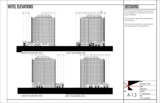 NAME:
Kristen Ellis
COURSE:
ARC541
CHECKED BY:
T. Heckman
DATE:
12/14/2015
SHEET:
A-1.3
DECISIONSHOTEL ELEVATIONS
910111213141517
18
19 33
12345678 9 10 11 12 13 14 15 17
18
1933
1 2 3 4 5 6 7 8
1" = 50'-0"
1
West
1" = 50'-0"
2
North
1" = 50'-0"
3
East
1" = 50'-0"
4
South
SOUTH ELEVATION: NTS WEST ELEVATION: NTS
EAST ELEVATION: NTSNORTH ELEVATION: NTS
First and second ﬂoor facades are precast concrete,
and are designed to ﬁt in with the rest of the archi-
tecture of Baltimore.
The hotel tower is made of steel and photovoltaic
LED curtain wall.
The roof is conrete, and there is a glass enclosure
with operable panels surrounding the pool.
 