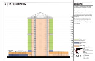NAME:
Kristen Ellis
COURSE:
ARC541
CHECKED BY:
T. Heckman
DATE:
12/14/2015
SHEET:
A-1.7
DECISIONSSECTIONTHROUGHATRIUM
The ﬁrst ﬂoor of the hotel is primarily public, aside
from the loading dock and other back of the house
spaces.
The second ﬂoor is reserved for ballrooms and their
associated support spaces.
The third ﬂoor is reserved for employees primarily, but
the roof pavillions may also be used as lounge spaces
by hotel guests.
The rest of the hotel, apart from the thirteenth ﬂoor,
is reserved for guest rooms and suites. There is me-
chanical space beneath the rooftop pool area. There
is water storage on both the thirteenth and rooftop
mechanical areas.
Level 3
30' - 0"
Level 4
42' - 0"
Level 5
54' - 0"
Level 6
66' - 0"
Level 7
78' - 0"
Level 8
90' - 0"
Level 9
102' - 0"
Level 10
114' - 0"
Level 11
126' - 0"
Level 12
138' - 0"
Level 13
150' - 0"
Level 14
162' - 0"
Level 15
174' - 0"
Level 16
186' - 0"
Level 17
198' - 0"
Level 18
210' - 0"
Level 19
222' - 0"
Level 20
234' - 0"
Roof
254' - 0"
Lower Parapet
33' - 6"
Upper Parapet
257' - 6"
T.O Structure
264' - 0"
Level 26
15' - 0"
Level 27
0' - 0"
Guest Rooms
Mechanical
Loading Dock
Ofﬁce
Public Lobby
Ballroom & Support
 