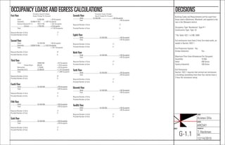 NAME:
Kristen Ellis
COURSE:
ARC541
CHECKED BY:
T. Heckman
DATE:
12/14/2015
SHEET:
G-1.1
DECISIONSOCCUPANCY LOADSAND EGRESS CALCULATIONS
First Floor
Hotel 5,200/200 = 26 Occupants
Assembly 29,995/15 Net = 1,997 Occupants
Factory-Industrial (F-1) 16221/100 = 162 Occupants
Kitchen 1,793/200 = 8 Occupants
Total = 2,193 Occupants
Required Number of Exits 7*
Provided Number of Exits 7
Second Floor
Hotel 19,100/200 = 95 Occupants
Assembly 22839/15 Net = 1,522 Occupants
Total = 1,617 Occupants
Required Number of Exits 6*
Provided Number of Exits 6
Third Floor
Hotel 16460/200 = 82 Occupants
Fitness Room 904/50 = 18 Occupants
Mercantile 1,728/60 = 28 Occupants
Assembly (A-2) 22,839/20 = 1,141 Occupants
Total = 1,269 Occupants
Required Number of Exits 6*
Provided Number of Exits 6
Fourth Floor
Hotel 19,100/200 = 95 Occupants
Total = 95 Occupants
Required Number of Exits 2*
Provided Number of Exits 4
Fifth Floor
Hotel 19,100/200 = 95 Occupants
Total = 95 Occupants
Required Number of Exits 2*
Provided Number of Exits 4
Sixth Floor
Hotel 19,100/200 = 95 Occupants
Total = 95 Occupants
Required Number of Exits 2*
Provided Number of Exits 4
Seventh Floor
Hotel 19,100/200 = 95 Occupants
Total = 95 Occupants
Required Number of Exits 2*
Provided Number of Exits 4
Eighth Floor
Hotel 19,100/200 = 95 Occupants
Total = 95 Occupants
Required Number of Exits 2*
Provided Number of Exits 4
Ninth Floor
Hotel 19,100/200 = 95 Occupants
Total = 95 Occupants
Required Number of Exits 2*
Provided Number of Exits 4
Tenth Floor
Hotel 19,100/200 = 95 Occupants
Total = 95 Occupants
Required Number of Exits 2*
Provided Number of Exits 4
Eleventh Floor
Hotel 19,100/200 = 95 Occupants
Total = 95 Occupants
Required Number of Exits 2*
Provided Number of Exits 4
Twelfth Floor
Hotel 19,100/200 = 95 Occupants
Total = 95 Occupants
Required Number of Exits 2*
Provided Number of Exits 4
Building Codes and Requirements will be used from
those used in Baltimore, Maryland, and applied to the
site in the Westport district.
Occupancy Type: Residential: Type R-1
Construction Type: Type 1A
* Per Table 1021.1 of IBC 2009
Exit enclosures must have 2-hour ﬁre-rated walls, as
stated in Section 1022.1.
Fire Protectiion System: Yes
Smoke Detection: Yes
Maximum Floor Area Allowances Per Occupant:
Assembly: 15 Net
Hotel: 200 Gross
Factory-Industrial: 100 Gross
Exit Enclosures:
Section 1022.1 requires that vertical exit enclosures
in buildings exceeding more than four stories have a
2-hour ﬁre resistance rating.
Occupancy Square Footage/
Square Footage Per Occupant
Occupancy Square Footage/
Square Footage Per Occupant
 