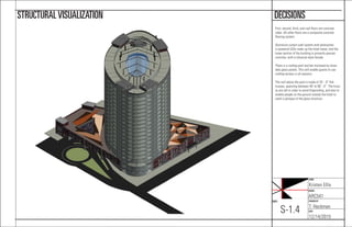 NAME:
Kristen Ellis
COURSE:
ARC541
CHECKED BY:
T. Heckman
DATE:
12/14/2015
SHEET:
S-1.4
DECISIONSSTRUCTURALVISUALIZATION
First, second, third, and roof ﬂoors are concrete
slabs. All other ﬂoors are a composite concrete
ﬂooring system.
Aluminum curtain wall system with photovolta-
ic-powered LEDs make up the hotel tower, and the
lower portion of the building is primarily precast
concrete, with a classical-style facade.
There is a rooftop pool and bar enclosed by move-
able glass panels. This will enable guests to use
rooftop terrace in all seasons.
The roof above the pool is made of 25’ - 0” ﬁnk
trusses, spanning between 40’ to 90’ - 0”. The truss-
es are tall in order to avoid ﬁreprooﬁng, and also to
enable people on the ground outside the hotel to
catch a glimpse of the glass structure.
 