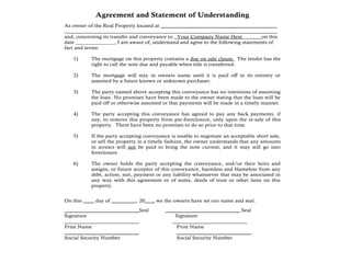 Agreement and Statement of Understanding
As owner of the Real Property located at __________________________________________
_____________________________________________________________________________
and, concerning its transfer and conveyance to _Your Company Name Here on this
date ______________, I am aware of, understand and agree to the following statements of
fact and terms:
1) The mortgage on this property contains a due on sale clause. The lender has the
right to call the note due and payable when title is transferred.
2) The mortgage will stay in owners name until it is paid off in its entirety or
assumed by a future known or unknown purchaser.
3) The party named above accepting this conveyance has no intentions of assuming
the loan. No promises have been made to the owner stating that the loan will be
paid off or otherwise assumed or that payments will be made in a timely manner.
4) The party accepting this conveyance has agreed to pay any back payments, if
any, to remove this property from pre-foreclosure, only upon the re-sale of this
property. There have been no promises to do so prior to that time.
5) If the party accepting conveyance is unable to negotiate an acceptable short sale,
or sell the property in a timely fashion, the owner understands that any amounts
in arrears will not be paid to bring the note current, and it may still go into
foreclosure.
6) The owner holds the party accepting the conveyance, and/or their heirs and
assigns, or future acceptor of this conveyance, harmless and blameless from any
debt, action, suit, payment or any liability whatsoever that may be associated in
any way with this agreement or of notes, deeds of trust or other liens on this
property.
On this ____ day of _________, 20___, we the owners have set our name and seal.
___________________________Seal ___________________________ Seal
Signature Signature
___________________________ ___________________________
Print Name Print Name
___________________________ ___________________________
Social Security Number Social Security Number
 