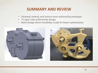 SUMMARY AND REVIEW
30
• Forward, neutral, and reverse were achieved by prototype
• 7:1 gear ratio achieved by design
• Basic design shows feasibility, ready for future optimization
 
