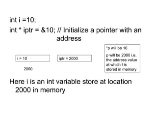 int i =10;
int * iptr = &10; // Initialize a pointer with an
                  address
                                   *p will be 10
                                   p will be 2000 i.e.
  i = 10          iptr = 2000      the address value
                                   at which I is
      2000                         stored in memory


Here i is an int variable store at location
 2000 in memory
 