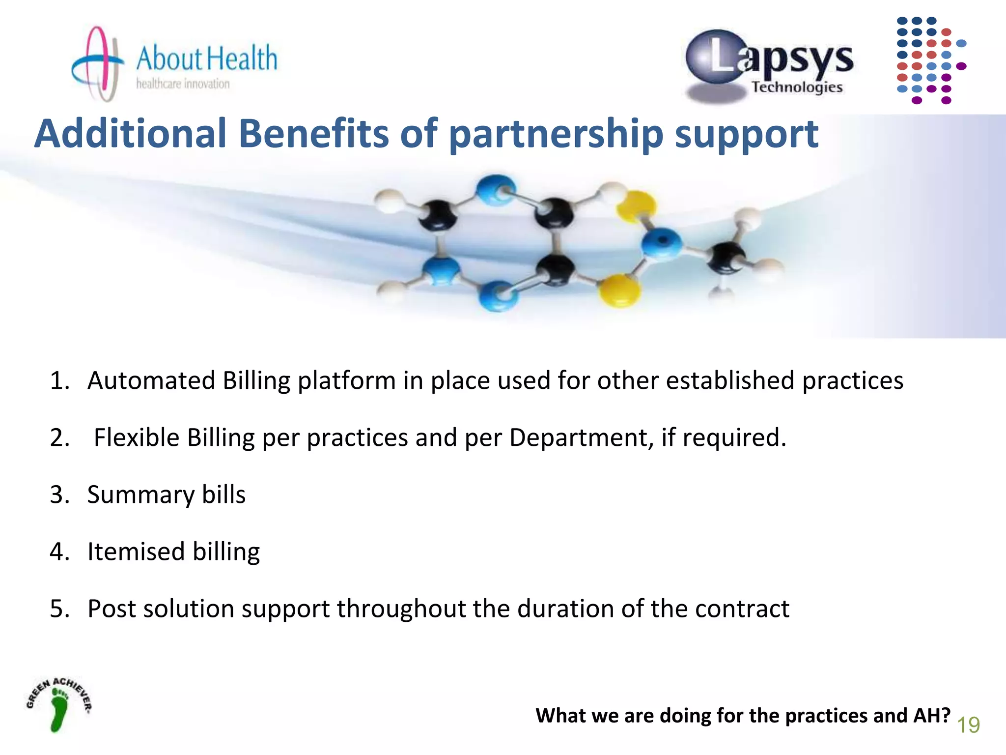 1. Automated Billing platform in place used for other established practices
2. Flexible Billing per practices and per Department, if required.
3. Summary bills
4. Itemised billing
5. Post solution support throughout the duration of the contract
What we are doing for the practices and AH?
Additional Benefits of partnership support
19
 