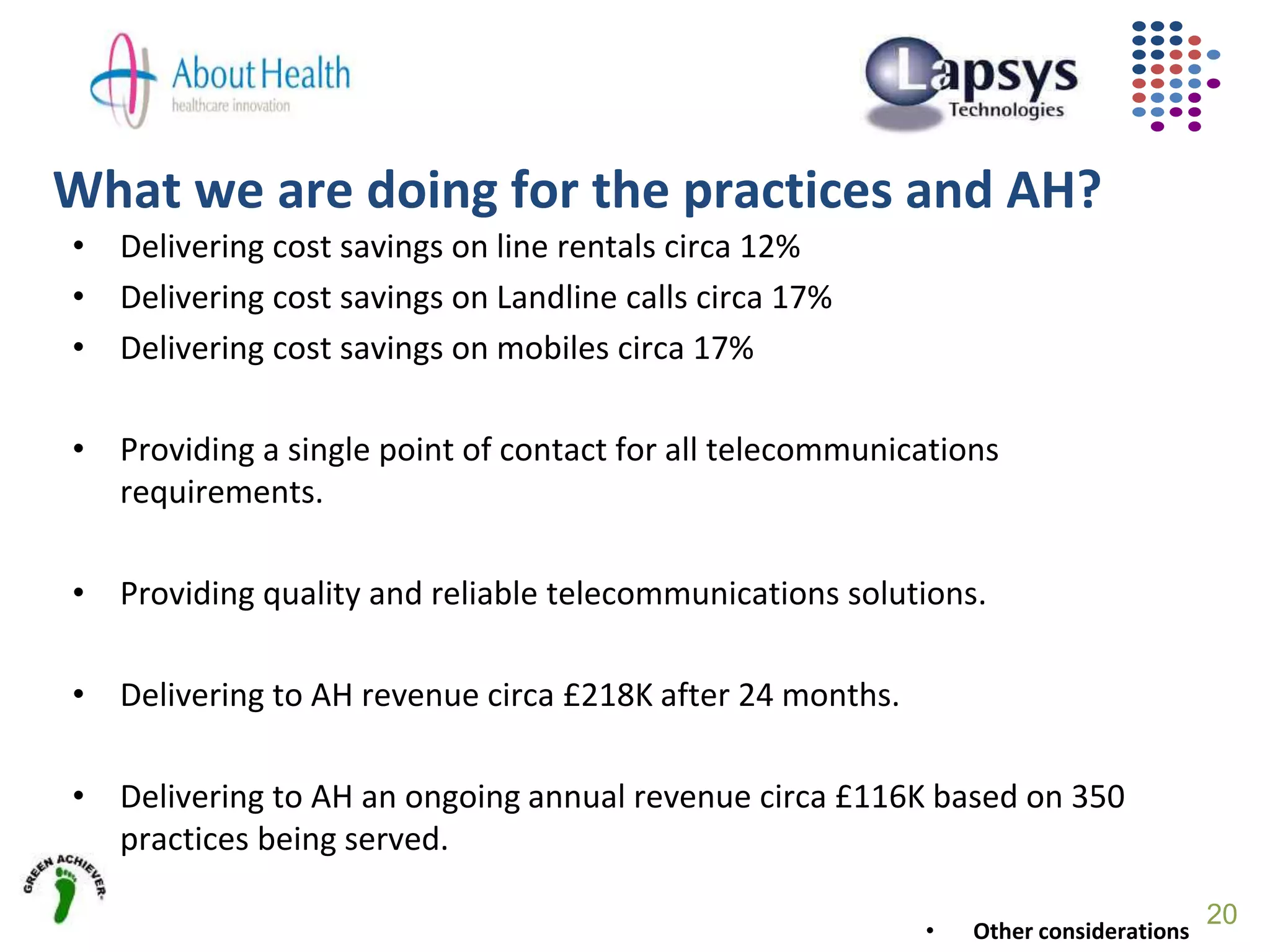 • Delivering cost savings on line rentals circa 12%
• Delivering cost savings on Landline calls circa 17%
• Delivering cost savings on mobiles circa 17%
• Providing a single point of contact for all telecommunications
requirements.
• Providing quality and reliable telecommunications solutions.
• Delivering to AH revenue circa £218K after 24 months.
• Delivering to AH an ongoing annual revenue circa £116K based on 350
practices being served.
• Other considerations
What we are doing for the practices and AH?
20
 