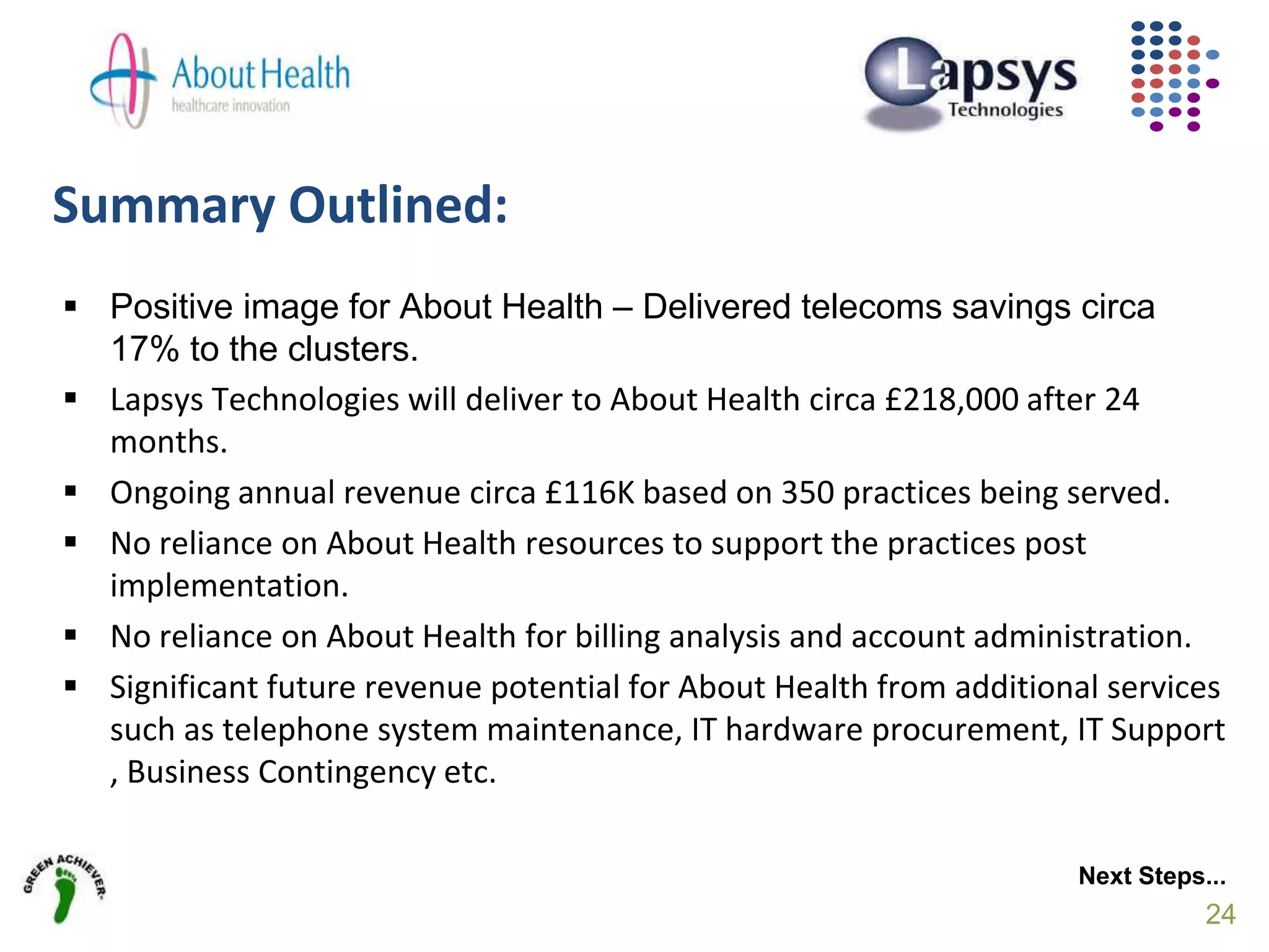 Summary Outlined:
24
 Positive image for About Health – Delivered telecoms savings circa
17% to the clusters.
 Lapsys Technologies will deliver to About Health circa £218,000 after 24
months.
 Ongoing annual revenue circa £116K based on 350 practices being served.
 No reliance on About Health resources to support the practices post
implementation.
 No reliance on About Health for billing analysis and account administration.
 Significant future revenue potential for About Health from additional services
such as telephone system maintenance, IT hardware procurement, IT Support
, Business Contingency etc.
Next Steps...
 