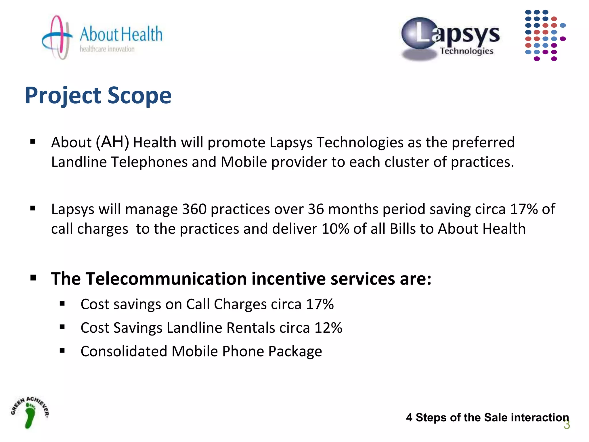 Project Scope
3
 About (AH) Health will promote Lapsys Technologies as the preferred
Landline Telephones and Mobile provider to each cluster of practices.
 Lapsys will manage 360 practices over 36 months period saving circa 17% of
call charges to the practices and deliver 10% of all Bills to About Health
 The Telecommunication incentive services are:
 Cost savings on Call Charges circa 17%
 Cost Savings Landline Rentals circa 12%
 Consolidated Mobile Phone Package
4 Steps of the Sale interaction
 