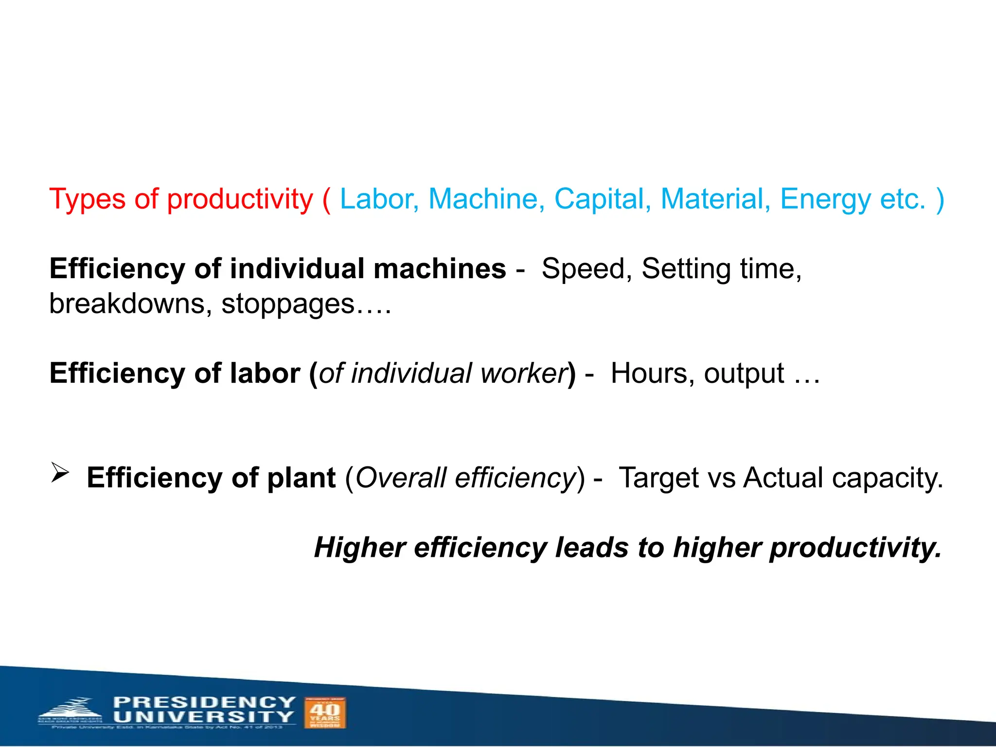 Types of productivity ( Labor, Machine, Capital, Material, Energy etc. )
Efficiency of individual machines - Speed, Setting time,
breakdowns, stoppages….
Efficiency of labor (of individual worker) - Hours, output …
 Efficiency of plant (Overall efficiency) - Target vs Actual capacity.
Higher efficiency leads to higher productivity.
 