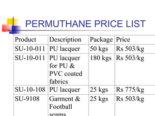 PERMUTHANE PRICE LIST
Product Description Package Price
SU-10-011 PU lacquer 50 kgs Rs 503/kg
SU-10-011 PU lacquer
for PU &
PVC coated
fabrics
180 kgs Rs 503/kg
SU-10-108 PU lacquer 25 kgs Rs 775/kg
SU-9108 Garment &
Football
25 kgs Rs 503/kg
 