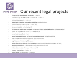 Our recent legal projects
? Corporate and Venture Funds Partner with a major ILF
? Common law qualified Corporate Associate with a leading ILF
? Antitrust Associate with a leading ILF
? Middle-level Corporate Associate and Paralegal with a boutique ILF
? Corporate Lawyer (in-house) with a leading RULF
? Corporate Associate with a leading ILF
? Tax Junior and Middle-level Associates with a major ILF and Senior Tax Associate with a leading RuLF
? Senior Tax Associate with a major ILF in St.Petersburg
? Senior Legal Counsel with a bank
? Senior Corporate Associate. Corporate/Commercial Associate with a European ILF
? Legal Counsel with a global management-consulting company
? Legal Counsel with a leading IT Company
? Senior Associate, IP Associate and Paralegal with leading Russian and international IP law firms
? Managing Director with a Moscow office of an international law firm
? Antitrust Associate and Paralegal with a major ILF
? Customs Associate with a leading ILF
? Senior Lawyer for a leading FMCG company
 