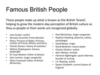 Famous British People
• Jane Austen: author
• Winston Churchill: Prime Minister
• Diana, Princess of Wales: Princess,
moth...