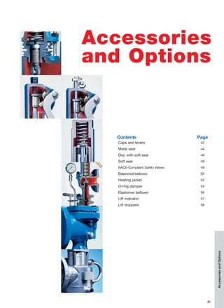 41
Accessories
and Options
Contents Page
Caps and levers 42
Metal seat 44
Disc with soft seal 46
Soft seal 48
NACE-Compliant Safety Valves 49
Balanced bellows 50
Heating jacket 52
O-ring damper 54
Elastomer bellows 56
Lift indicator 57
Lift stoppers 58
AccessoriesandOptions
 