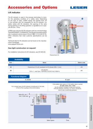 57
The lift indicator is used in the process technology to moni-
tor the operating condition of a safety valve. Depending
on the type of valve, LESER equips the packed lever H4
or the bonnets with the receptacle for the lift indicator. For
safety valves with lift indicators, the opening of the valve
during opening or the lifting operation is signalled as of a spe-
cific lift (min. 1mm).
LESER uses inductive DC lift indicators with two-wire technology
TypeDINEN60947-5-6(NAMUR).Theindicatorsareapprovedfor
use in explosion-prone areas of Zone 0 ( II 1 D Ex iaD 20 T6).
Other indicators that meet customer specifications can be
used.
Technical data for lift indicators can be found on the manufac-
turer’s homepage:
www.pepperl-fuchs.com
Gas-tight construction on request!
For installation instructions for lift indicators, see WI 3323.02.
94
Packed lever H4
Accessories and Options
AccessoriesandOptions
Lift indicator
Availability
Item. Name Option code
40 Packed lever H4 with receptacle for lift indicator M!8 x 1 [mm] J39
94
Lift indicator
M18 x 1, used type = PEPPERL+FUCHS NJ5-18GK-N
J93
Functional diagram
A, closed B, open
For a closed valve, the lift indicator is positioned on the side,
in front of the coupling or the control sleeve.
If the safety valve opens or if the safety valve is vented
(in both cases, min. 1 mm)
the lift indicator changes its state and switches.
If the lift indicator unscrews, e.g. due to vibrations,
there is also a switching operation.
closed
Signal
Valve opens
High
Low
Time
open
Valve lift, min. 1
mm / 0.04 inch
 