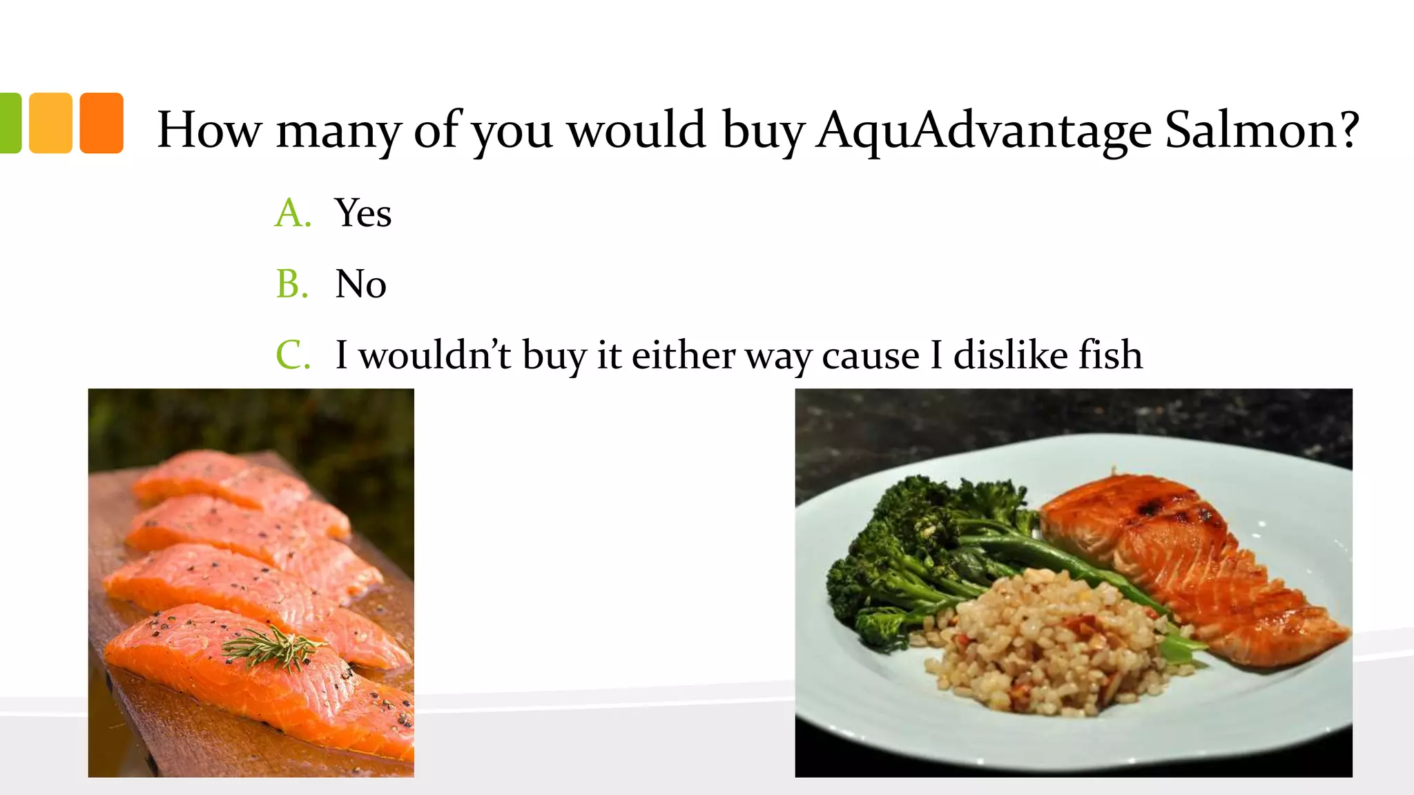 How many of you would buy AquAdvantage Salmon?
A. Yes
B. No
C. I wouldn’t buy it either way cause I dislike fish
 