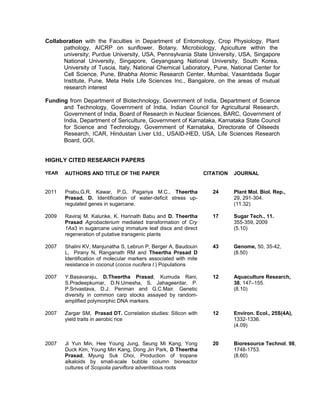 Collaboration with the Faculties in Department of Entomology, Crop Physiology, Plant
pathology, AICRP on sunflower, Botany, Microbiology, Apiculture within the
university; Purdue University, USA, Pennsylvania State University, USA, Singapore
National University, Singapore, Geyangsang National University, South Korea,
University of Tuscia, Italy, National Chemical Laboratory, Pune, National Center for
Cell Science, Pune, Bhabha Atomic Research Center, Mumbai, Vasantdada Sugar
Institute, Pune, Meta Helix Life Sciences Inc., Bangalore, on the areas of mutual
research interest
Funding from Department of Biotechnology, Government of India, Department of Science
and Technology, Government of India, Indian Council for Agricultural Research,
Government of India, Board of Research in Nuclear Sciences, BARC, Government of
India, Department of Sericulture, Government of Karnataka, Karnataka State Council
for Science and Technology, Government of Karnataka, Directorate of Oilseeds
Research, ICAR, Hindustan Liver Ltd., USAID-HED, USA, Life Sciences Research
Board, GOI.
HIGHLY CITED RESEARCH PAPERS
YEAR AUTHORS AND TITLE OF THE PAPER CITATION JOURNAL
2011 Prabu,G.R, Kawar, P.G, Pagariya M.C., Theertha
Prasad, D. Identification of water-deficit stress up-
regulated genes in sugarcane.
24 Plant Mol. Biol. Rep.,
29, 291-304.
(11.32)
2009 Raviraj M. Kalunke, K. Harinath Babu and D. Theertha
Prasad.
Agrobacterium mediated transformation of Cry
1Aa3 in sugarcane using immature leaf discs and direct
regeneration of putative transgenic plants
17 Sugar Tech., 11.
355-359, 2009
(5.10)
2007 Shalini KV, Manjunatha S, Lebrun P, Berger A, Baudouin
L, Pirany N, Ranganath RM and Theertha Prasad D
Identification of molecular markers associated with mite
resistance in coconut (cocos nucifera l.) Populations
43 Genome, 50, 35-42,
(8.50)
2007 Y.Basavaraju, D.Theertha Prasad, Kumuda Rani,
S.Pradeepkumar, D.N.Umesha, S. Jahageerdar, P.
P.Srivastava, D.J. Penman and G.C.Mair. Genetic
diversity in common carp stocks assayed by random-
amplified polymorphic DNA markers.
12 Aquaculture Research,
38, 147–155.
(8.10)
2007 Zargar SM, Prasad DT. Correlation studies: Silicon with
yield traits in aerobic rice
12 Environ. Ecol., 25S(4A),
1332-1336.
(4.09)
2007 Ji Yun Min, Hee Young Jung, Seung Mi Kang, Yong
Duck Kim, Young Min Kang, Dong Jin Park, D Theertha
Prasad, Myung Suk Choi, Production of tropane
alkaloids by small-scale bubble column bioreactor
cultures of Scopolia parviflora adventitious roots
20 Bioresource Technol, 98,
1748-1753.
(8.60)
 