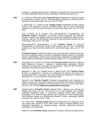 production in changed global scenario: challenges and opportunities, Project Directorate
on Poultry, ANGR Agricultural University, Hyderabad, 2-4th February 2005, pp131
2004 K. V. Shalini, S. Manjunatha and D. Theertha Prasad. Development of molecular markers
for yields traits in coconut. (Abr No. 269) International conference on Plant and Animal
Genome XII, held at San Diego, USA, Jan 14th
to 18th
2004.
S. Manjunatha, K. V. Shalini and D. Theertha Prasad. Identification of DNA markers
related to mite resistance in coconut by RAPD analysis. (Abr No. P270) International
conference on Plant and Animal Genome XII, held at San Diego, USA, Jan 14th
to 18th
2004.
Uma. K Murthy, Ian E Lyngdoh, K.M. Channakrishnaiah, T.Gopalakrishna, and
D.Theertha Prasad, Identification of molecular markers associated with Alternaria
helianthi resistance and stability analysis to assess the heritability of resistant trait in
Sunflower. (Abr No. 277) International conference on Plant and Animal Genome XII, held
at San Diego, USA, Jan 14th
-18th
, 2004.
Basavarajappa,H.R, Narayanaswamy, P and Theertha Prasad, D. Molecular
characterization of Anthuriums through RAPD analysis. (Abr No. 274). International
conference on Plant and Animal Genome XII, held at San Diego, USA, Jan 14th
-18th
2004.
D.Theertha Prasad Unraveling the identity of the fungal cell wall components that holds
the key for antifungal function of osmotin. Proceedings of National seminar on emerging
trends in Applied Botany, Seed Science and technology, Department of Applied Botany,
Seed Science and technology, University of Mysore, Mysore, 4th
-6th
November 2004.
2003 Kariyallappa, D.K, Lokesha, R, M.K.Naik and D.Theertha prasad, Breeding for Alternaria
blight resistance in sesame – classical vs biotechnological approaches. National
symposium on Advances in Genetics & Plant Breeding – Impact of DNA Revolution”,
University of Agricultural Sciences, Dharwad, 2003
Basavaraju, Y., Mair, G.C., Pradeep Kumar, S., Mohan Kumar, H.M., Theertha Prasad,
D., Rani, K., Jahageerdar, S., Penman, D.J. Assessment of common carp stocks for a
breeding programme in Karnataka, India 2003 International Symposium on Genetics in
Aquaculture, 8, p. 72.9-15 November, Puertovaras, Chile
Hema,M.V and Theertha Prasad,D. Molecular characterization and comparison of
papaya ring spot virus coat protein gene with other isolates from different geographical
locations. International conference on Plant and Animal Genome XI, held at San Diego,
USA, Jan 11th
to 15th
2003. (MVH was awarded PAG XI travel grant).
2002 Haejeong Moon, D.Theertha Prasad, Dongwon Baek, Boyoung Lee, Jiyoung Lee,
Dongjin Shin, Sang Yeol Lee, and Dae-Jin Yun. A novel biological role of NDPK,
nucleoside diphophate kinase: A S.cerevisea regulates cellular redox conditions.
Proceedings of 6th
Biennial Korea-Germany Joint symposium in Plant Biotechnology,
Plant Molecular Biology and Biotechnology Research Center, Gyeongsang National
University, Jinju, Korea, July 8-9th
, 2002.
M.V. Hema and D. Theertha prasad Molecular characterization and comparison of the
coat protein gene sequence of the South Indian isolate of Papaya Ringspot Virus.
International symposium on molecular biology, Tamilnadu Agricultural University,
Coimbatore, 20-25th
May 2002
Shalini.K.V and D.Theertha prasad. Assessment of genetic diversity and polymorphism
 