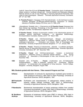 Jyothi.R, Veena Rao B.N and D.Theertha Prasad. Comparative study of pathogenesis
related proteins in sunflower infected with Puccinia helianthi and Plasmopara halstedii.
National seminar on role of Crop Physiology in improving Agricultural Productivity: New
vistas for plant physiological Research. Tamilnadu Agricultural University. Coimbatore,
29th
-31st
Jan 1996.
D. Theertha-Prasad, E. Gangappa, K.M. Channaknshnaiah, In vitro technique to screen
sunflower genotypes for Alternaria helianthi tolerance. Symposium on Disease
tolerance in Sunflower, Beijing, PR China, June 13, 1996, p128
1995 J.Muralidharan, Elizabeth John, L..Channamma and D.Theertha Prasad. Esterases from
blast infected ragi seedlings. Proceedings of the Physiological responses of plants to
pathogens. Dundee, The Netherlands. September 1995.
1994 D.Theertha Prasad. Analysis of polymorphic variation in the mitochondrial genome of
sunflower. Second Asia-Pacific conference on Agricultural Biotechnology,
M.S.Swaminathan Foundation, Madras, and 6th
-10th
March 1994.
D.Theertha Prasad and K.M.Channkrishnaiah. Nitrogen and phosphorus
metabolism in Alternaria infected leaves of sunflower. National seminar on newer
challenges in Agriculture, Horticulture and Industry: Role of Physiologists and
Biochemists. University of Agricultural Sciences, Bangalore, 11th
-13th
January 1994.
1993 D.Theertha Prasad. Presence of mitochondrial plasmids in sunflower genotypes.
National seminar on Agricultural Biochemistry and Biotechnology, Tamilnadu Agricultural
University, Coimbatore, 28th
-30th
December 1993.
1992 D.Theertha Prasad and K.M.Channakrishnaiah. Variation in biochemical
parameters in Helianthus annuus to Alternaria helanthi infection. 33rd Annual
conference of Association of Microbiologists of India. Goa University, Goa, 5th
-7th
November 1992.
1989 Elizabeth John, D.Theertha Prasad, L.Sudharshan and G.P.Sathyavathi.
Antispermatogenic effect of Adathoda zeylenica root constituents. National
symposium on conservation and management of living resources. Central College,
Bangalore University, Bangalore. August 1989.
MSc Students guided with their Names , Titles research Program and Year
N.Rama Standardization of protocols for Agrobacterium mediated gene transfer in
Chilli (Capsicum annuum.L). MSc (Agri) in Plant Physiology. University of
Agricultural Sciences, GKVK, Bengaluru, 1997
BR Prashanth
Kumar
Purification and characterization of pathogenesis related proteins in
Downey mildew infected sunflower. MSc (Agri) in Biotechnology.
University of Agricultural Sciences, GKVK, Bengaluru, 1999
P.Nandeesha Biochemical characterization of serine proteinase inhibitor from subabul
(Leucaena leucocephala L) seeds. MSc (Agri) in Biotechnology. University
of Agricultural Sciences, GKVK, Bengaluru, 2000.
M. Shridhara
Acahrya
Expression of proteinase inhibitor gene (PMC) in tobacco. MSc (Agri) in
Biotechnology. University of Agricultural Sciences, GKVK, Bengaluru,
 