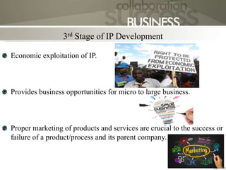 3rd Stage of IP Development
Economic exploitation of IP.
Provides business opportunities for micro to large business.
Proper marketing of products and services are crucial to the success or
failure of a product/process and its parent company.
11
 