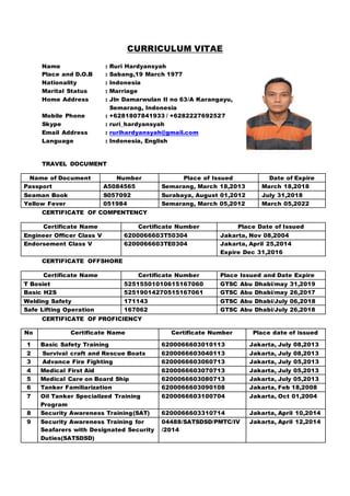 CURRICULUM VITAE
Name : Ruri Hardyansyah
Place and D.O.B : Sabang,19 March 1977
Nationality : Indonesia
Marital Status : Marriage
Home Address : Jln Damarwulan II no 63/A Karangayu,
Semarang, Indonesia
Mobile Phone : +6281807841933 / +6282227692527
Skype : ruri_hardyansyah
Email Address : rurihardyansyah@gmail.com
Language : Indonesia, English
TRAVEL DOCUMENT
Name of Document Number Place of Issued Date of Expire
Passport A5084565 Semarang, March 18,2013 March 18,2018
Seaman Book S057092 Surabaya, August 01,2012 July 31,2018
Yellow Fever 051984 Semarang, March 05,2012 March 05,2022
CERTIFICATE OF COMPENTENCY
Certificate Name Certificate Number Place Date of Issued
Engineer Officer Class V 6200066603T50304 Jakarta, Nov 08,2004
Endorsement Class V 6200066603TE0304 Jakarta, April 25,2014
Expire Dec 31,2016
CERTIFICATE OFFSHORE
Certificate Name Certificate Number Place Issued and Date Expire
T Bosiet 52515501010615167060 GTSC Abu Dhabi/may 31,2019
Basic H2S 52519014270515167061 GTSC Abu Dhabi/may 26,2017
Welding Safety 171143 GTSC Abu Dhabi/July 06,2018
Safe Lifting Operation 167062 GTSC Abu Dhabi/July 26,2018
CERTIFICATE OF PROFICIENCY
No Certificate Name Certificate Number Place date of issued
1 Basic Safety Training 6200066603010113 Jakarta, July 08,2013
2 Survival craft and Rescue Boats 6200066603040113 Jakarta, July 08,2013
3 Advance Fire Fighting 6200066603060713 Jakarta, July 05,2013
4 Medical First Aid 6200066603070713 Jakarta, July 05,2013
5 Medical Care on Board Ship 6200066603080713 Jakarta, July 05,2013
6 Tanker Familiarization 6200066603090108 Jakarta, Feb 18,2008
7 Oil Tanker Specialized Training
Program
6200066603100704 Jakarta, Oct 01,2004
8 Security Awareness Training(SAT) 6200066603310714 Jakarta, April 10,2014
9 Security Awareness Training for
Seafarers with Designated Security
Duties(SATSDSD)
04488/SATSDSD/PMTC/IV
/2014
Jakarta, April 12,2014
 