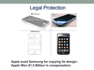 Legal Protection
Apple sued Samsung for copying its design–
Apple Won $1.5 Billion in compensation.
 