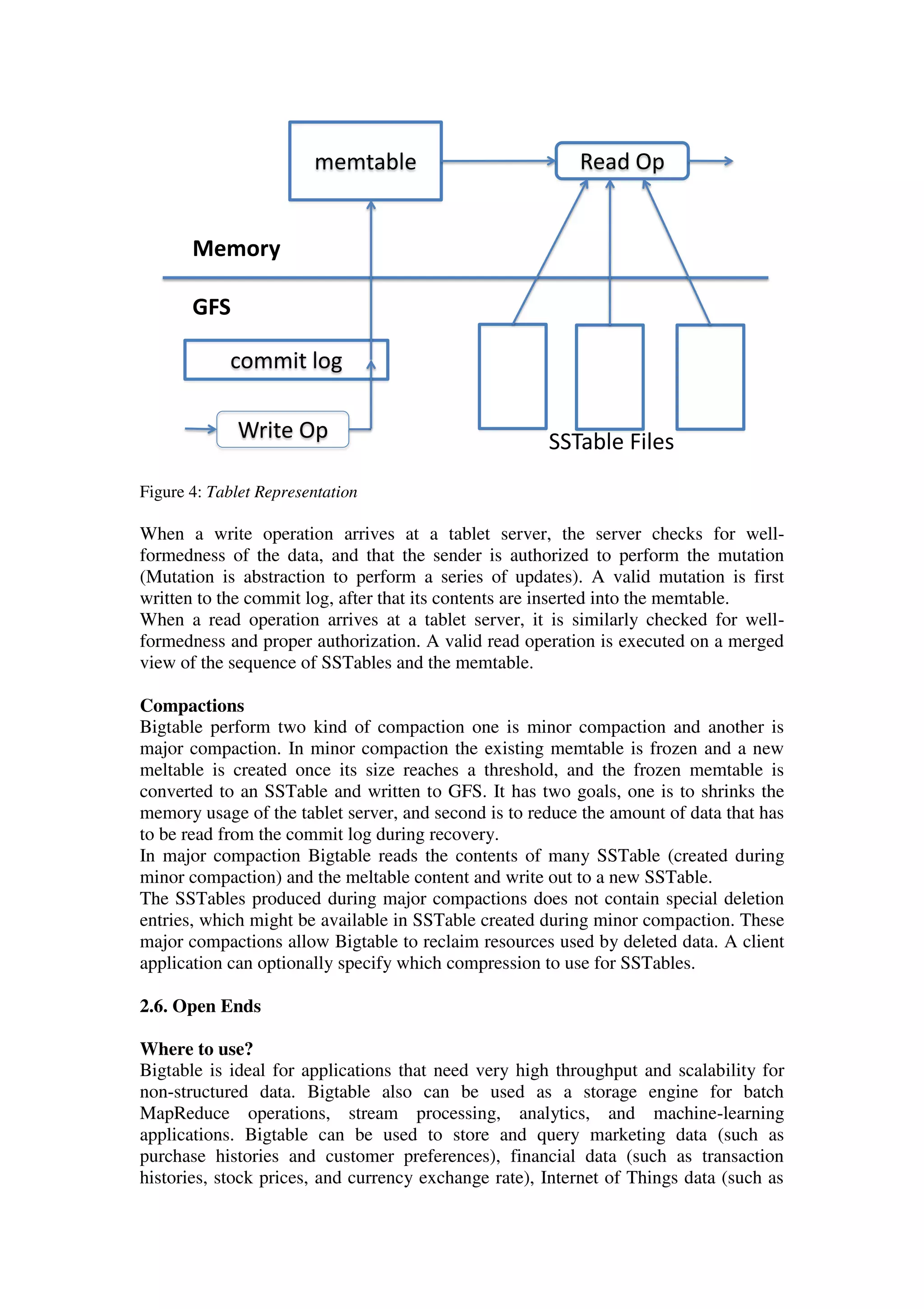 Figure 4: Tablet Representation
When a write operation arrives at a tablet server, the server checks for well-
formedness of the data, and that the sender is authorized to perform the mutation
(Mutation is abstraction to perform a series of updates). A valid mutation is first
written to the commit log, after that its contents are inserted into the memtable.
When a read operation arrives at a tablet server, it is similarly checked for well-
formedness and proper authorization. A valid read operation is executed on a merged
view of the sequence of SSTables and the memtable.
Compactions
Bigtable perform two kind of compaction one is minor compaction and another is
major compaction. In minor compaction the existing memtable is frozen and a new
meltable is created once its size reaches a threshold, and the frozen memtable is
converted to an SSTable and written to GFS. It has two goals, one is to shrinks the
memory usage of the tablet server, and second is to reduce the amount of data that has
to be read from the commit log during recovery.
In major compaction Bigtable reads the contents of many SSTable (created during
minor compaction) and the meltable content and write out to a new SSTable.
The SSTables produced during major compactions does not contain special deletion
entries, which might be available in SSTable created during minor compaction. These
major compactions allow Bigtable to reclaim resources used by deleted data. A client
application can optionally specify which compression to use for SSTables.
2.6. Open Ends
Where to use?
Bigtable is ideal for applications that need very high throughput and scalability for
non-structured data. Bigtable also can be used as a storage engine for batch
MapReduce operations, stream processing, analytics, and machine-learning
applications. Bigtable can be used to store and query marketing data (such as
purchase histories and customer preferences), financial data (such as transaction
histories, stock prices, and currency exchange rate), Internet of Things data (such as
Write Op
commit log
memtable Read Op
Memory
GFS
Tablet Serving
SSTable Files
 